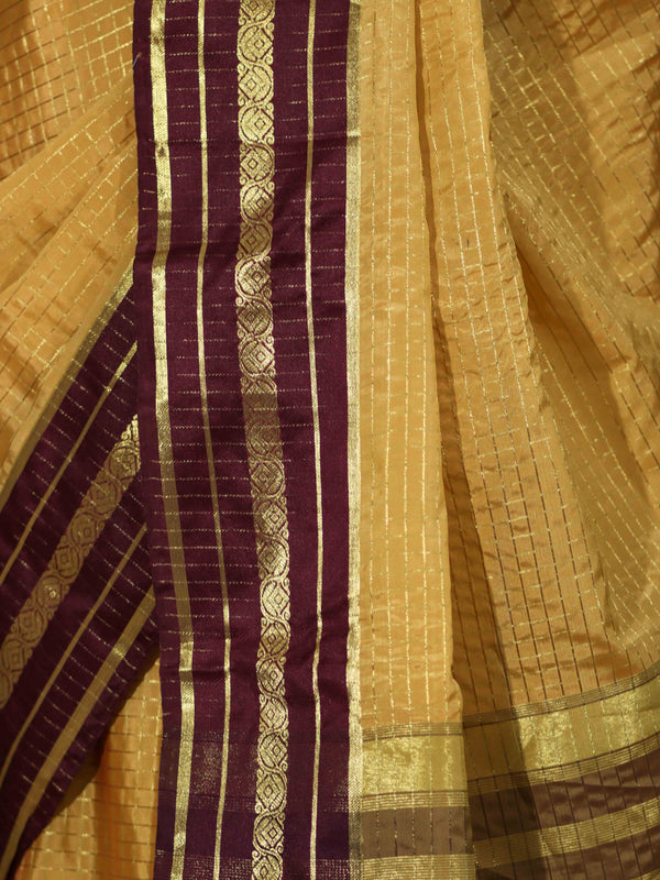 Banarasee Handloom Semi Silk Saree With Checks Pattern & Contrast Border-Mustard Yellow & Burgundy