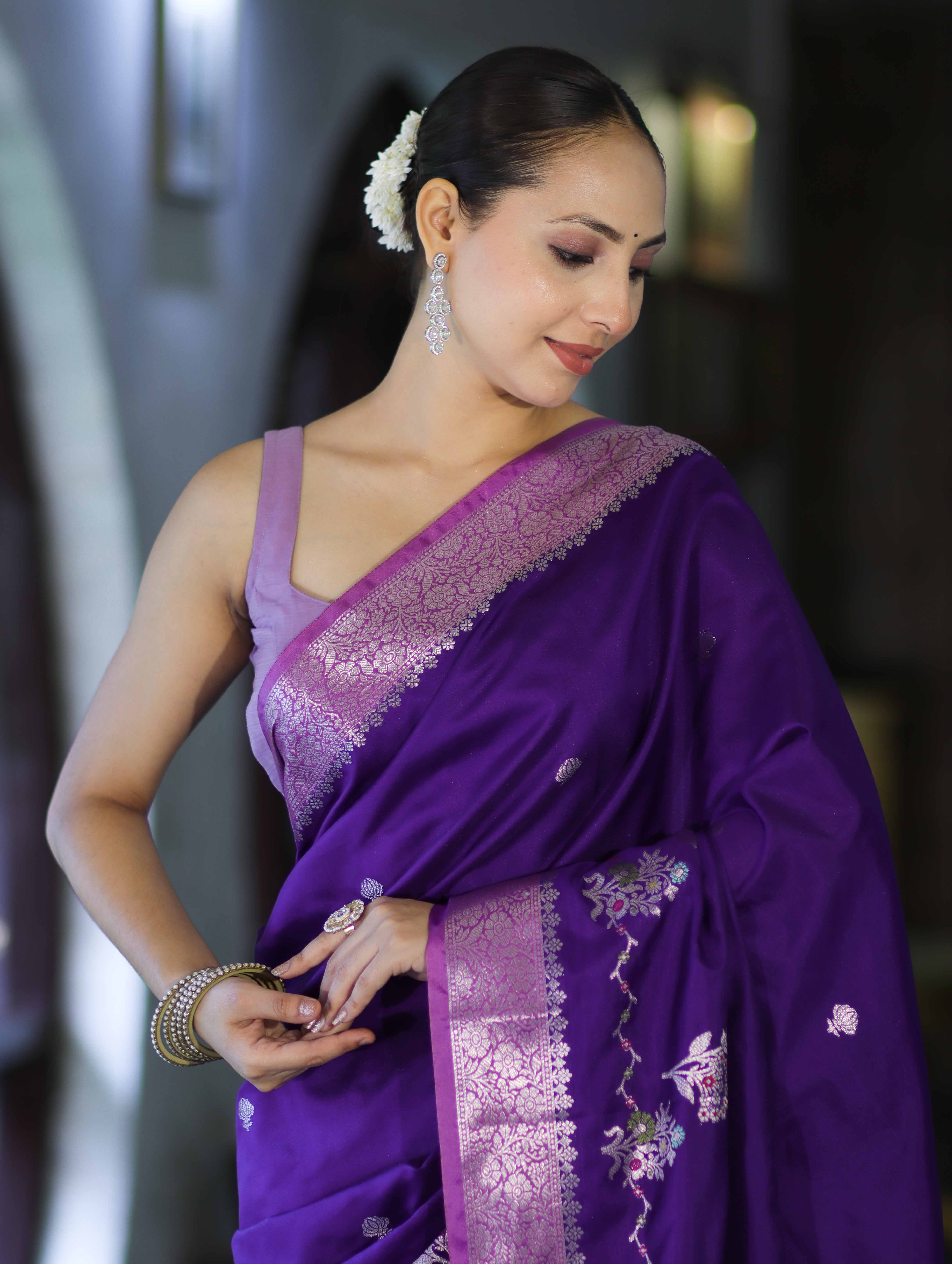 Banarasee Handloom Semi Silk Saree With Zari Design & Contrast Border-Violet