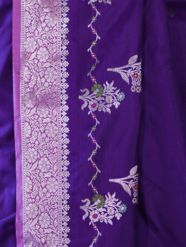 Banarasee Handloom Semi Silk Saree With Zari Design & Contrast Border-Violet