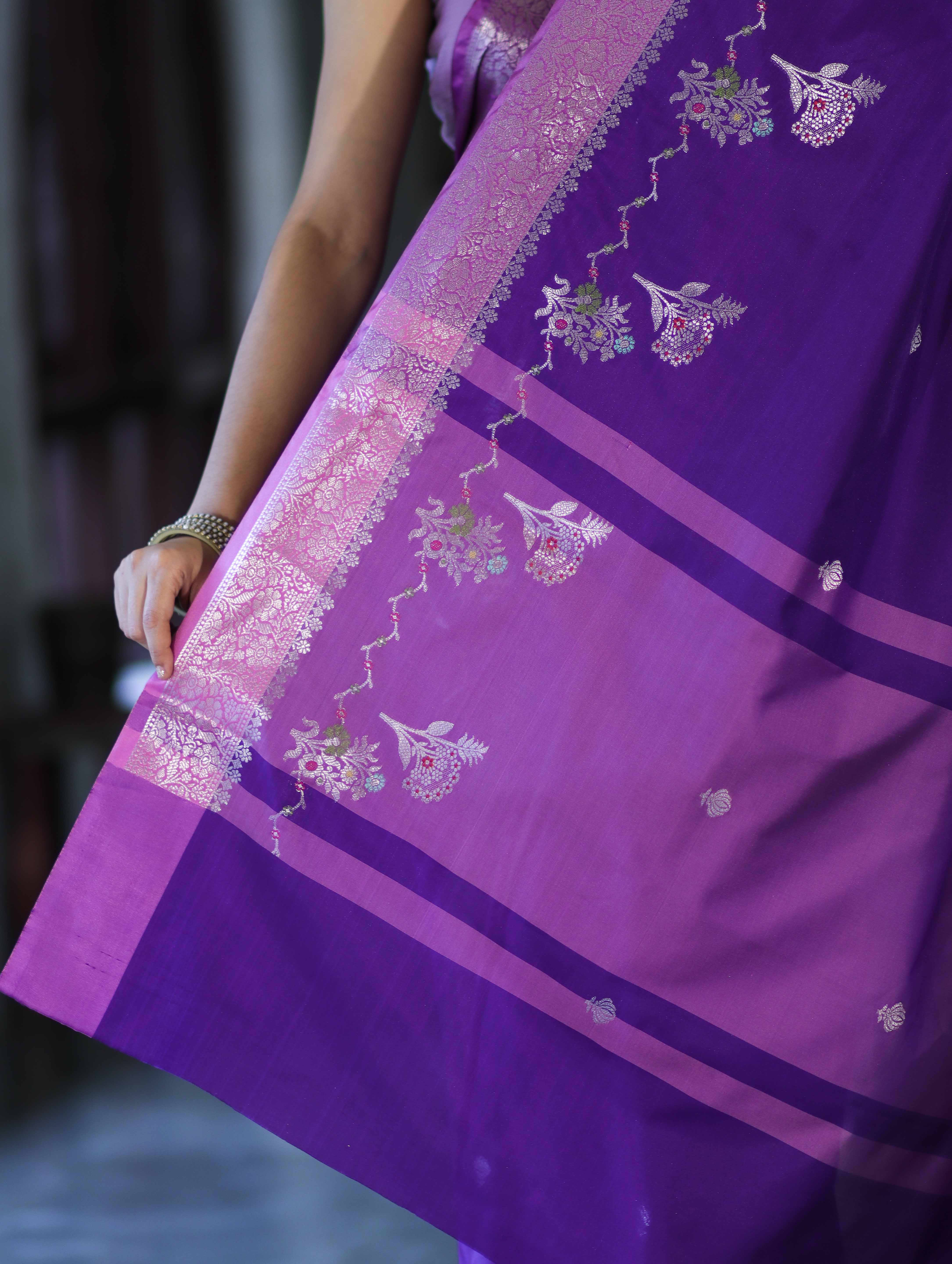 Banarasee Handloom Semi Silk Saree With Zari Design & Contrast Border-Violet