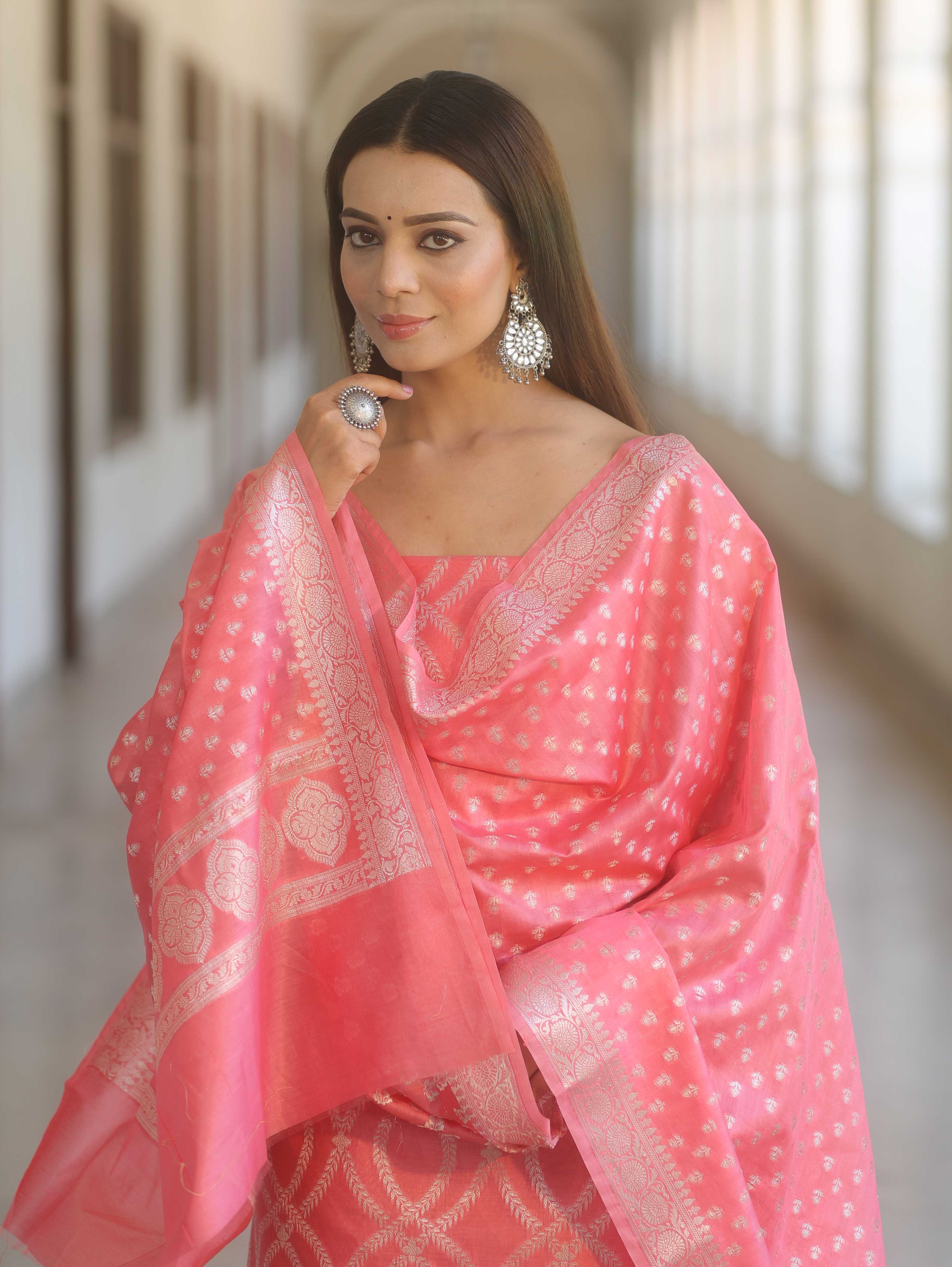 Banarasee Cotton Silk Zari Work Salwar Kameez Fabric With Dupatta-Peach