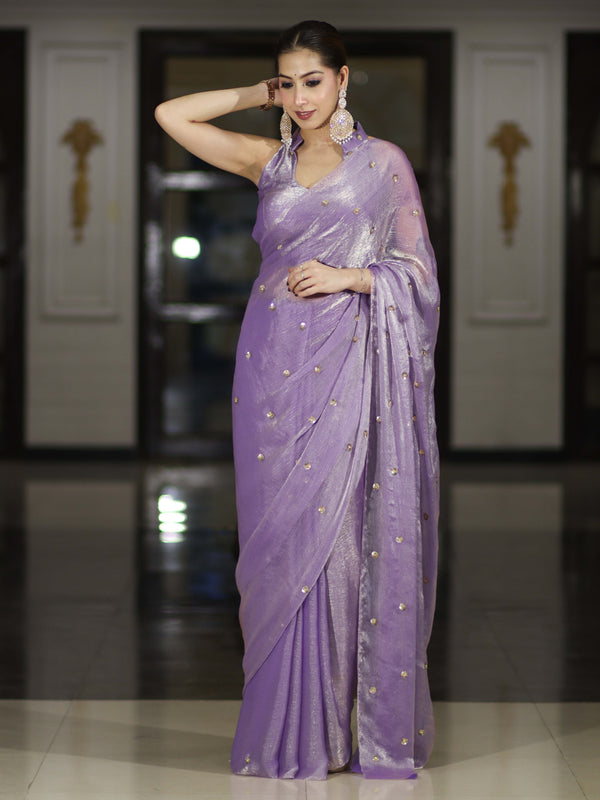 Banarasee Handwoven Dual Shaded Chiffon Saree With Aari Motifs-Lavender