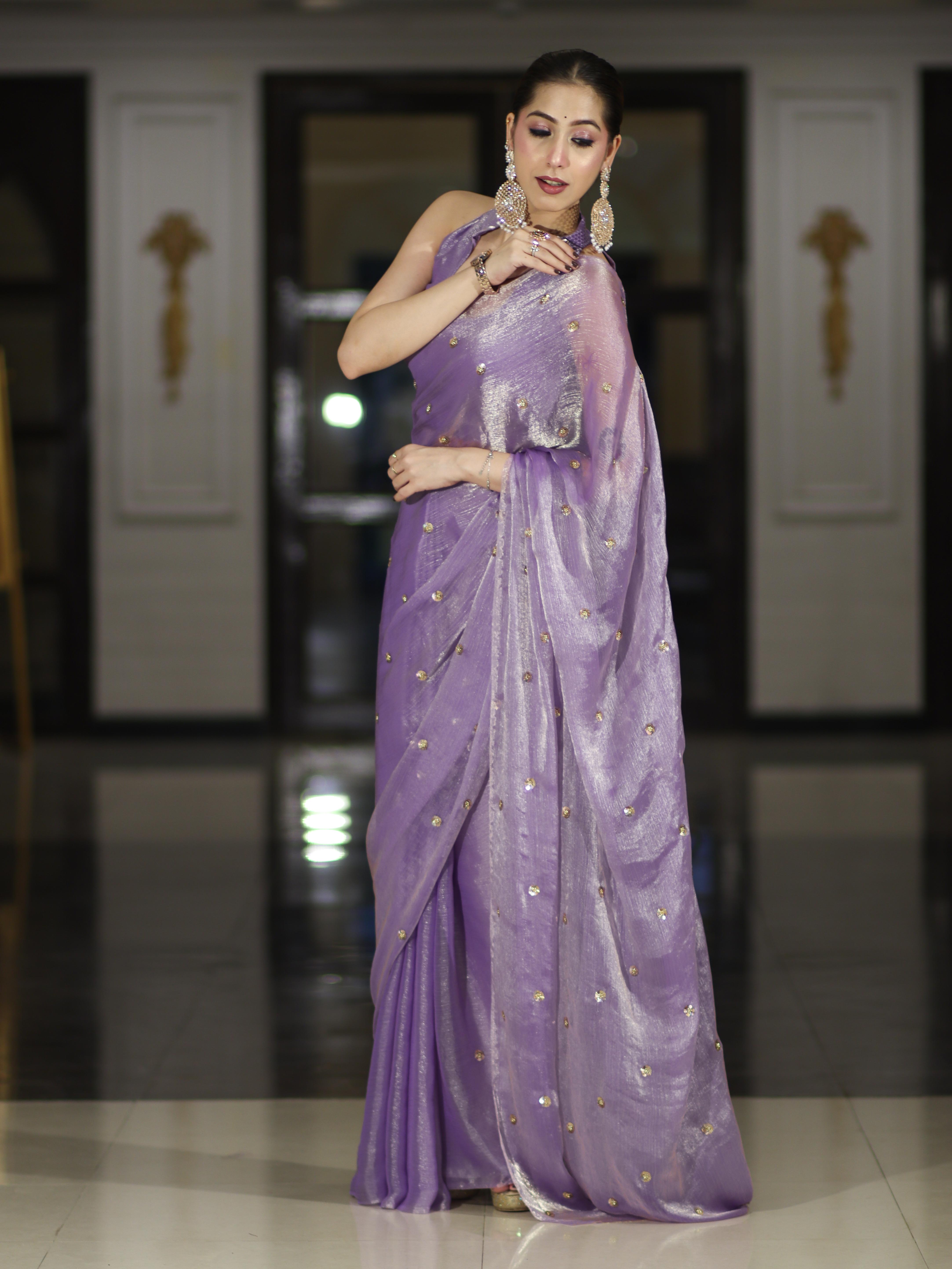 Banarasee Handwoven Dual Shaded Chiffon Saree With Aari Motifs-Lavender