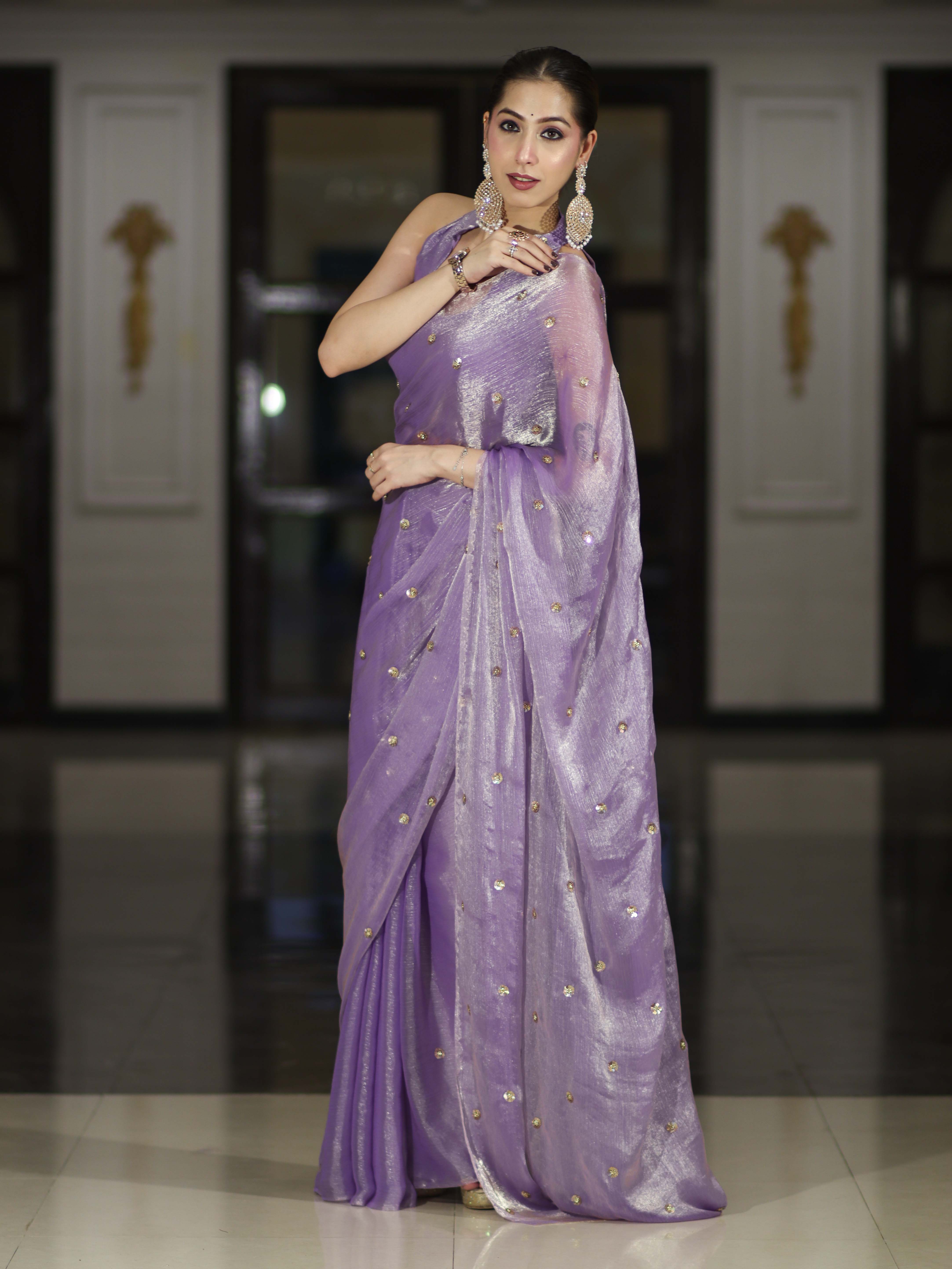 Banarasee Handwoven Dual Shaded Chiffon Saree With Aari Motifs-Lavender