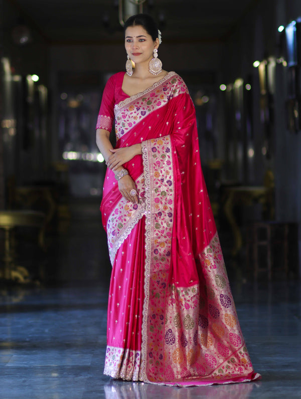 Banarasee Handloom Mashru Silk Saree With Buti Design Meenadar Border & Pallu-Fuchsia Pink