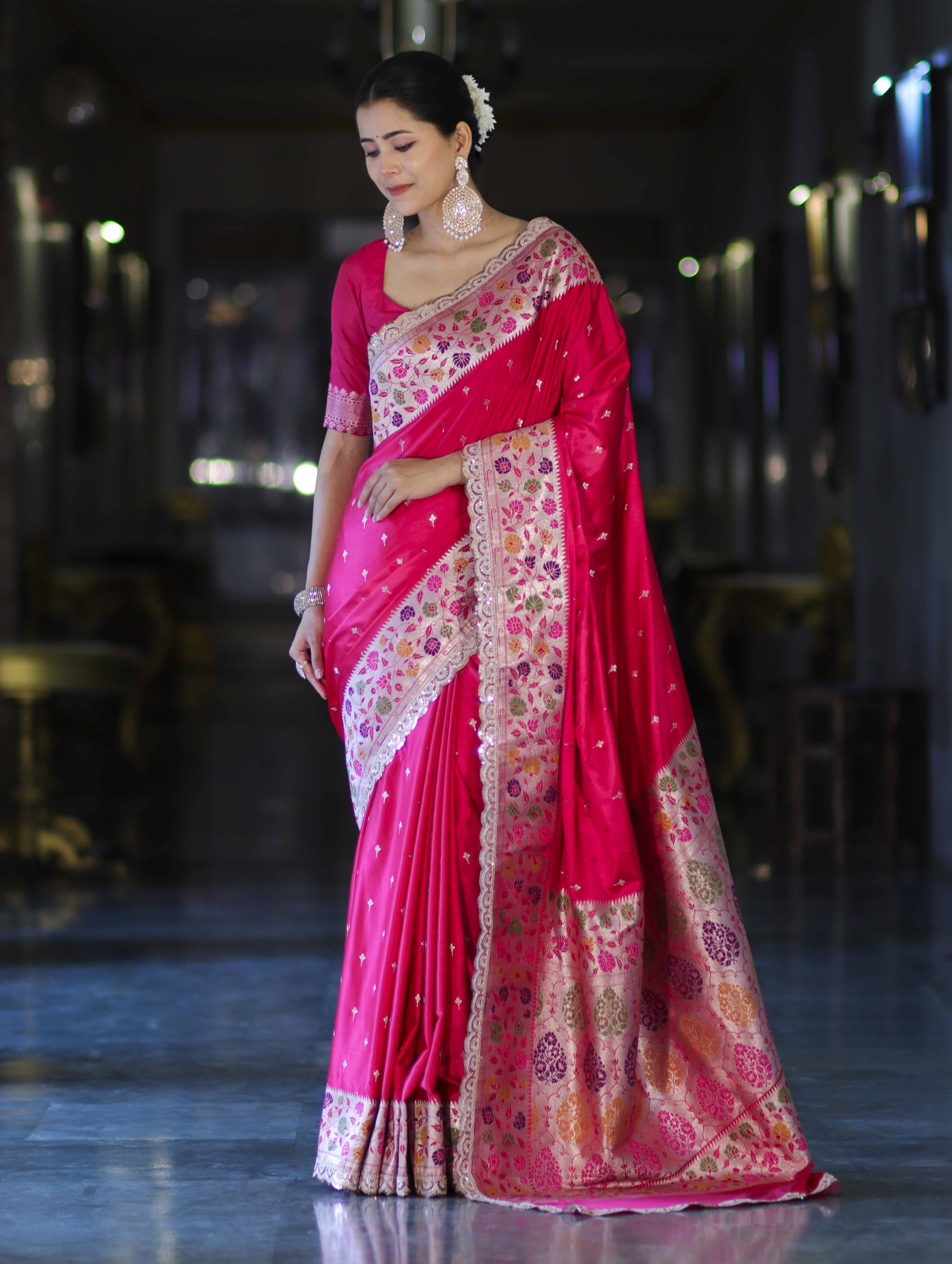 Banarasee Handloom Mashru Silk Saree With Buti Design Meenadar Border & Pallu-Fuchsia Pink
