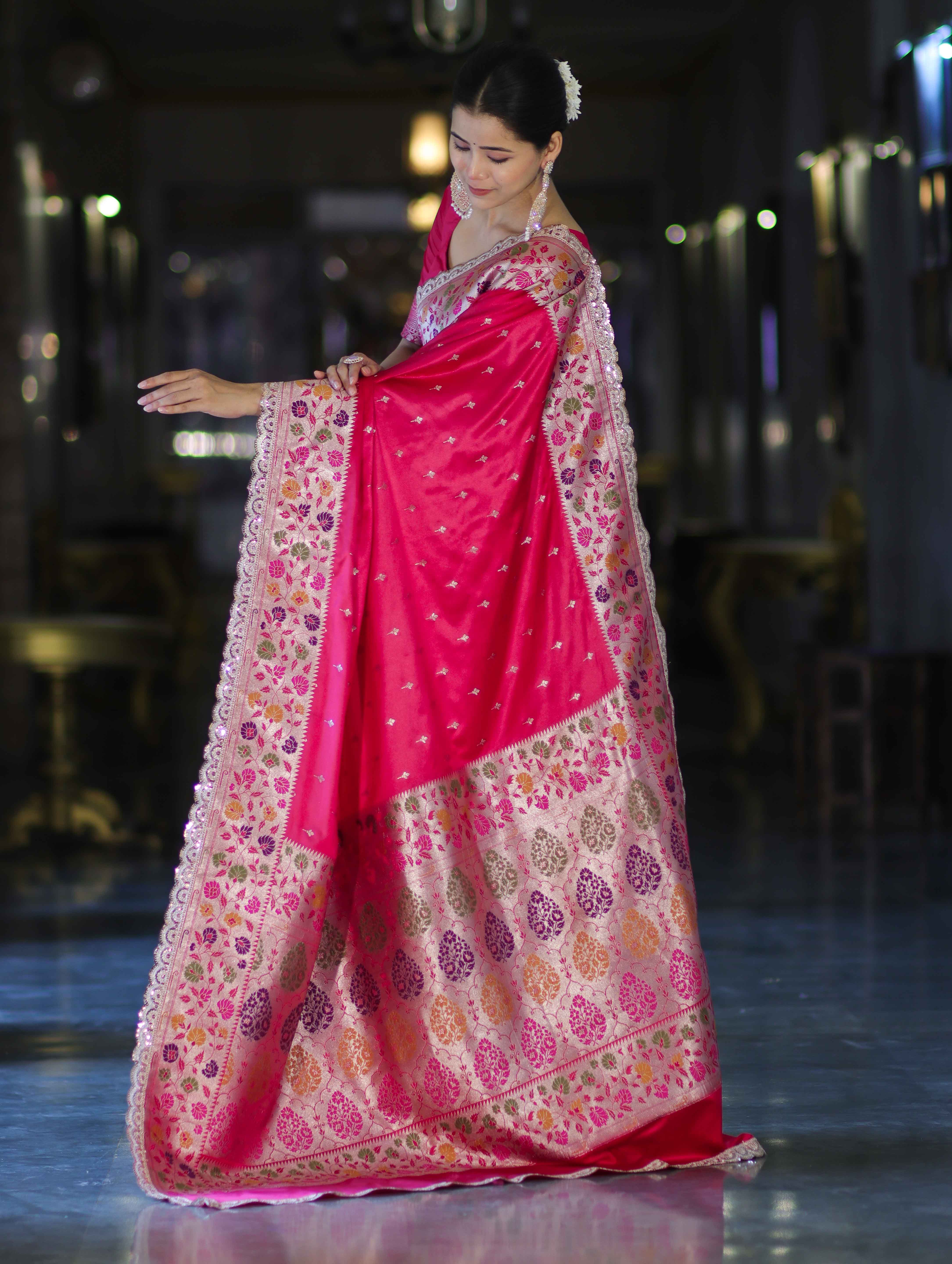 Banarasee Handloom Mashru Silk Saree With Buti Design Meenadar Border & Pallu-Fuchsia Pink