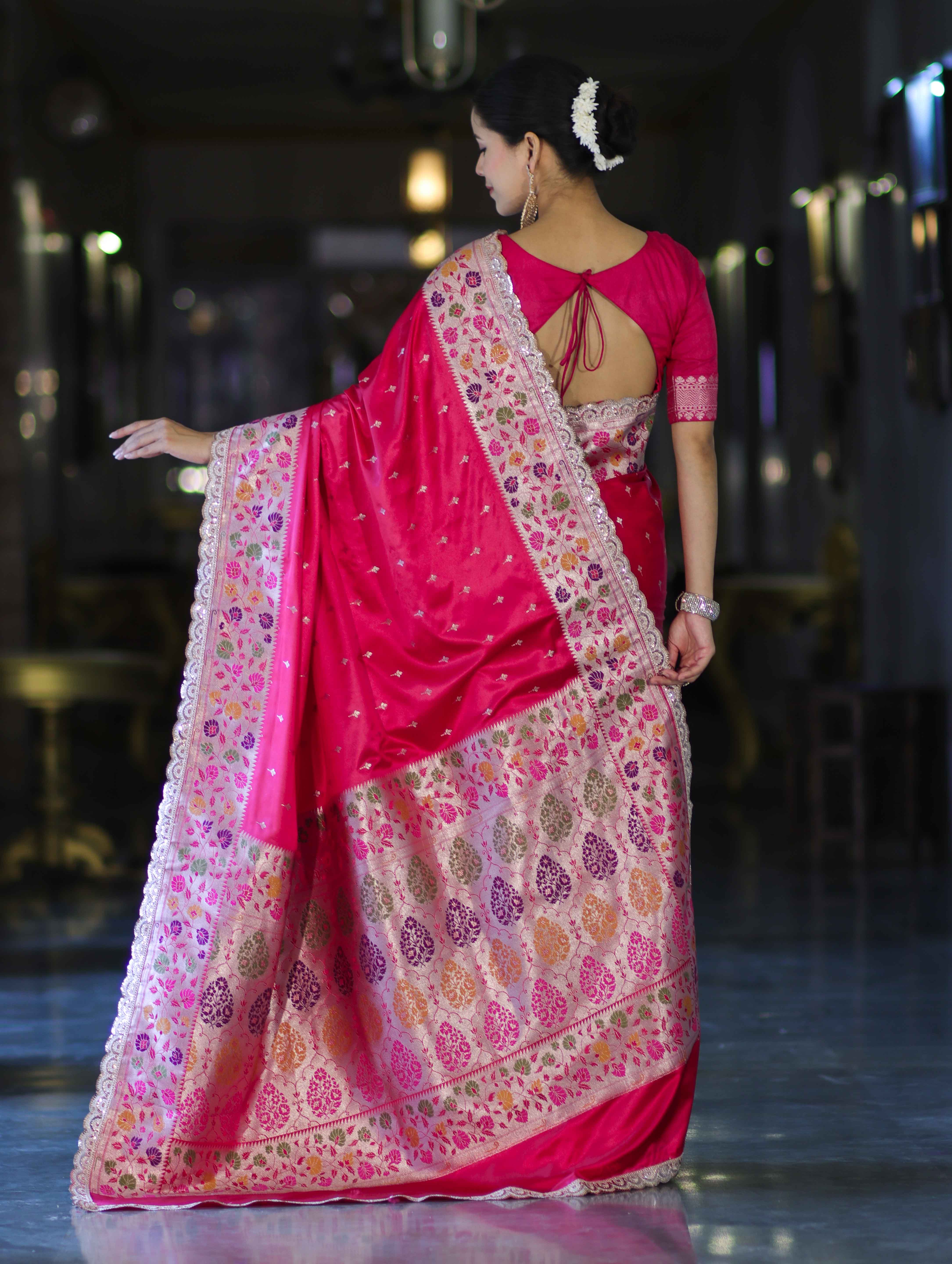 Banarasee Handloom Mashru Silk Saree With Buti Design Meenadar Border & Pallu-Fuchsia Pink
