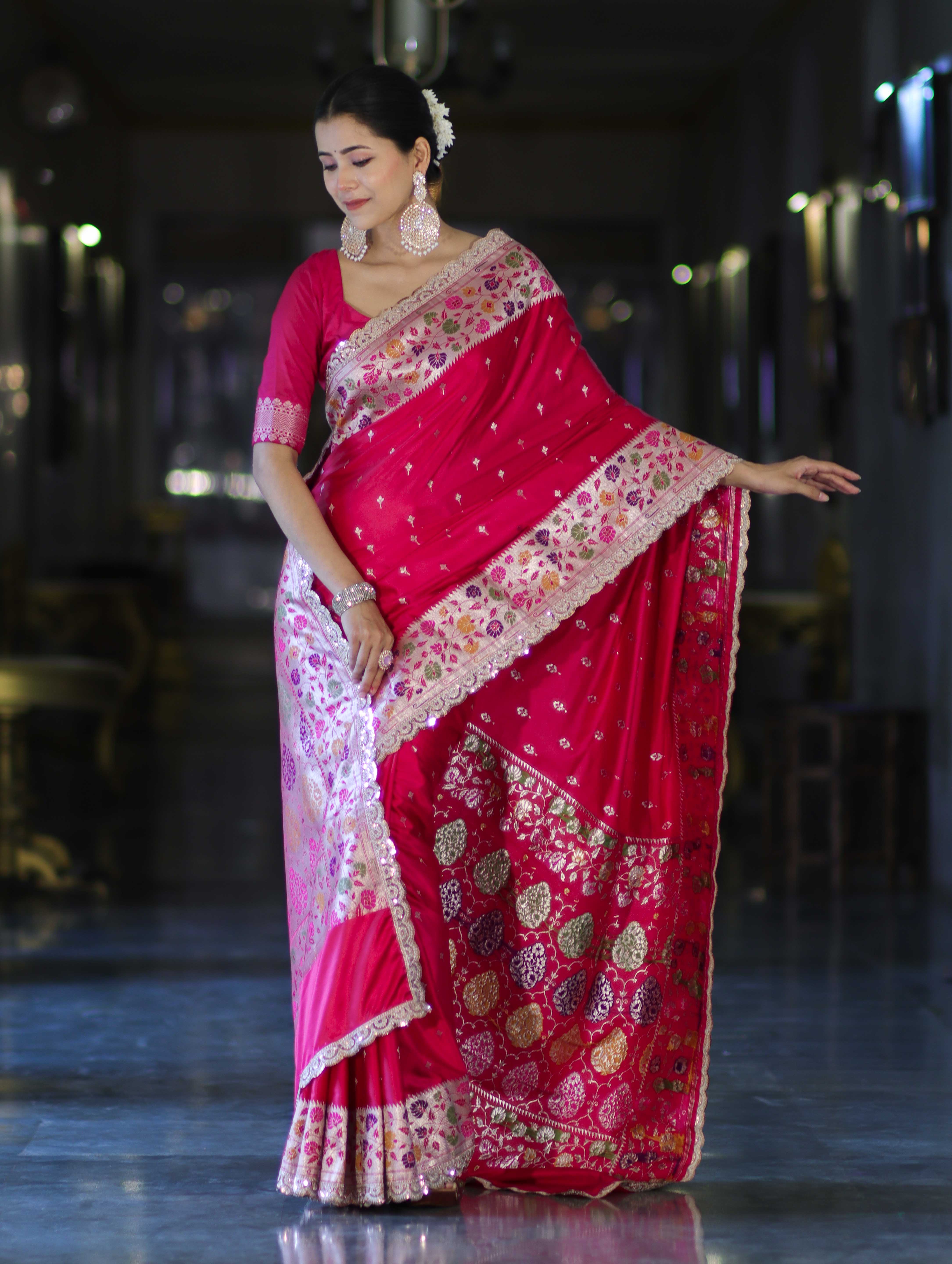 Banarasee Handloom Mashru Silk Saree With Buti Design Meenadar Border & Pallu-Fuchsia Pink
