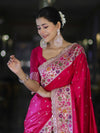 Banarasee Handloom Mashru Silk Saree With Buti Design Meenadar Border & Pallu-Fuchsia Pink