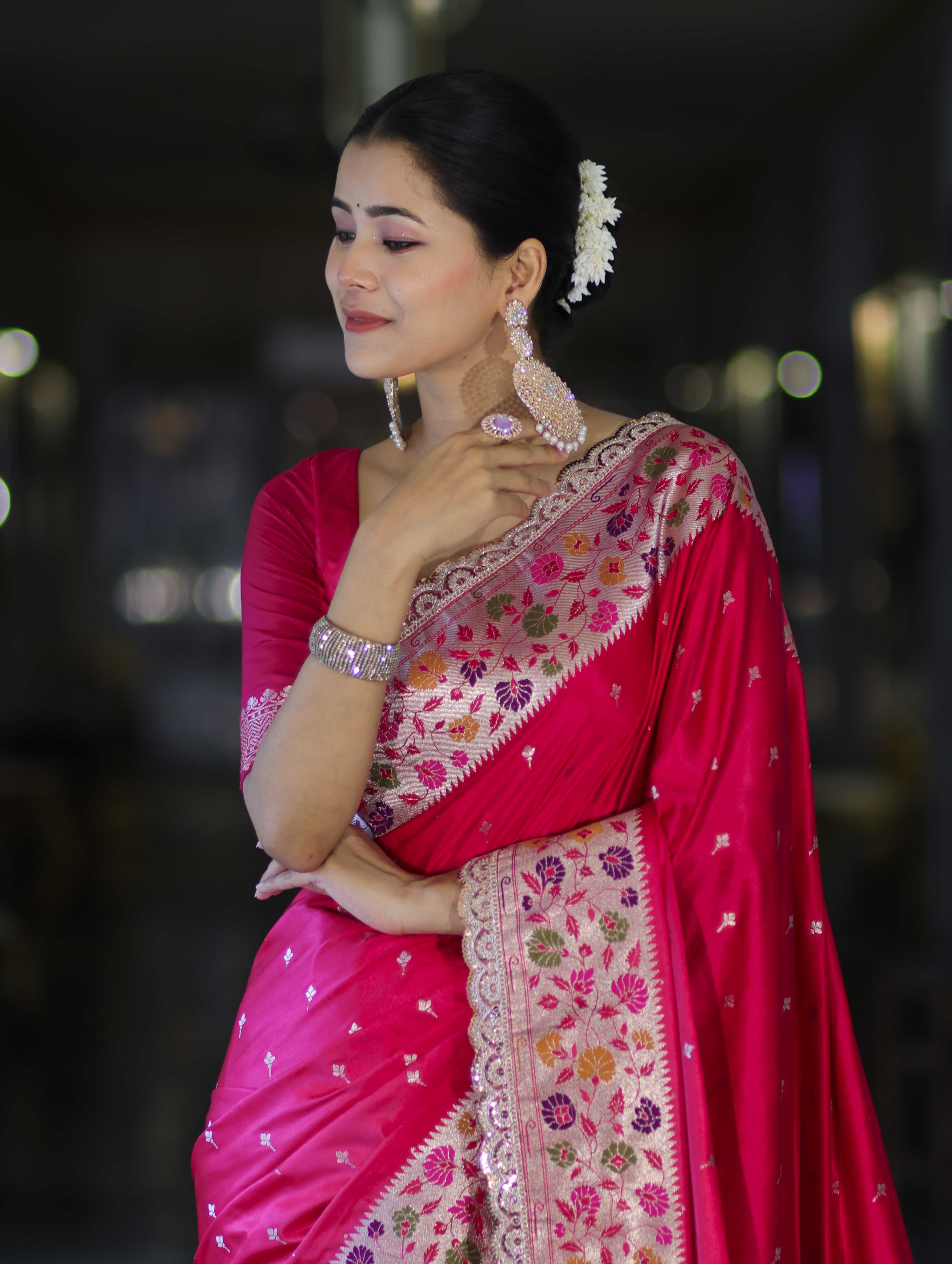 Banarasee Handloom Mashru Silk Saree With Buti Design Meenadar Border & Pallu-Fuchsia Pink