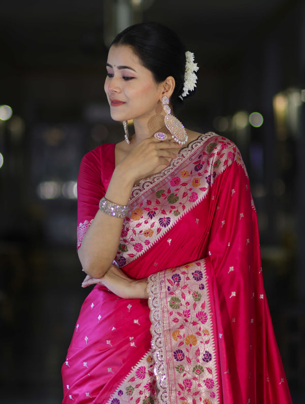 Banarasee Handloom Mashru Silk Saree With Buti Design Meenadar Border & Pallu-Fuchsia Pink
