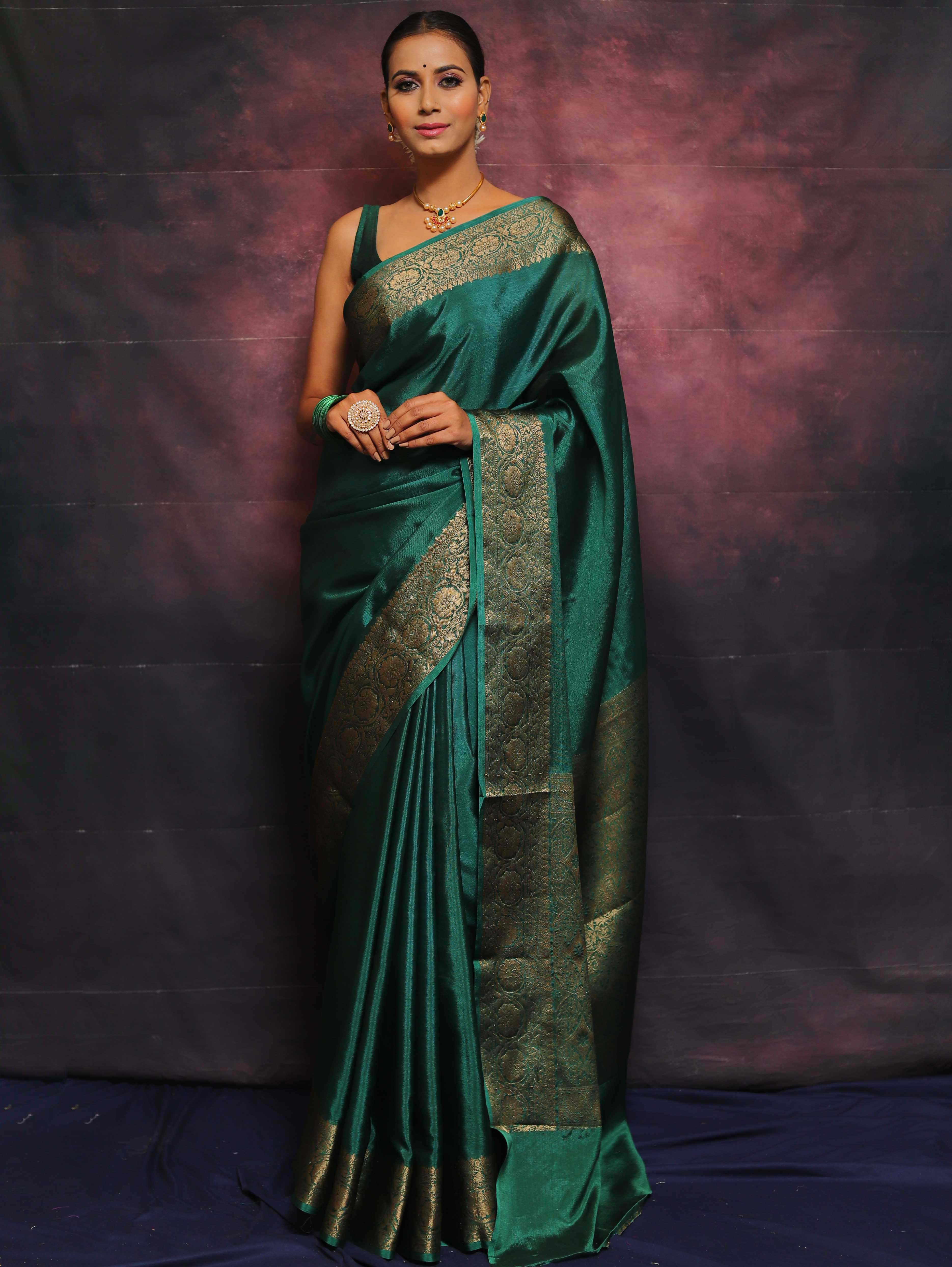 Banarasee Handwoven Semi Silk Plain Saree With Zari Border-Green