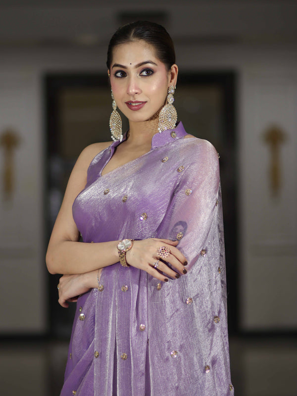 Banarasee Handwoven Dual Shaded Chiffon Saree With Aari Motifs-Lavender