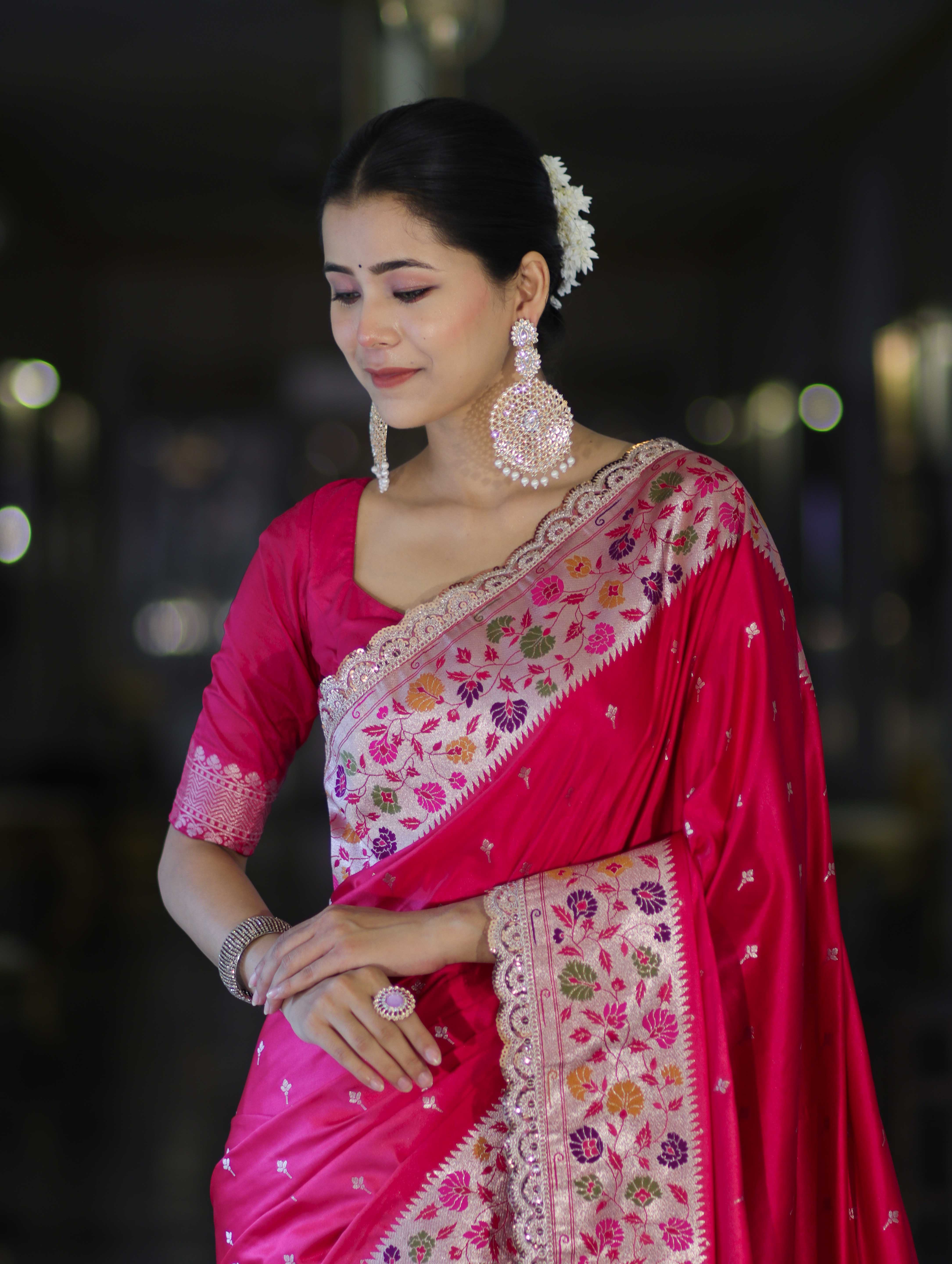 Banarasee Handloom Mashru Silk Saree With Buti Design Meenadar Border & Pallu-Fuchsia Pink