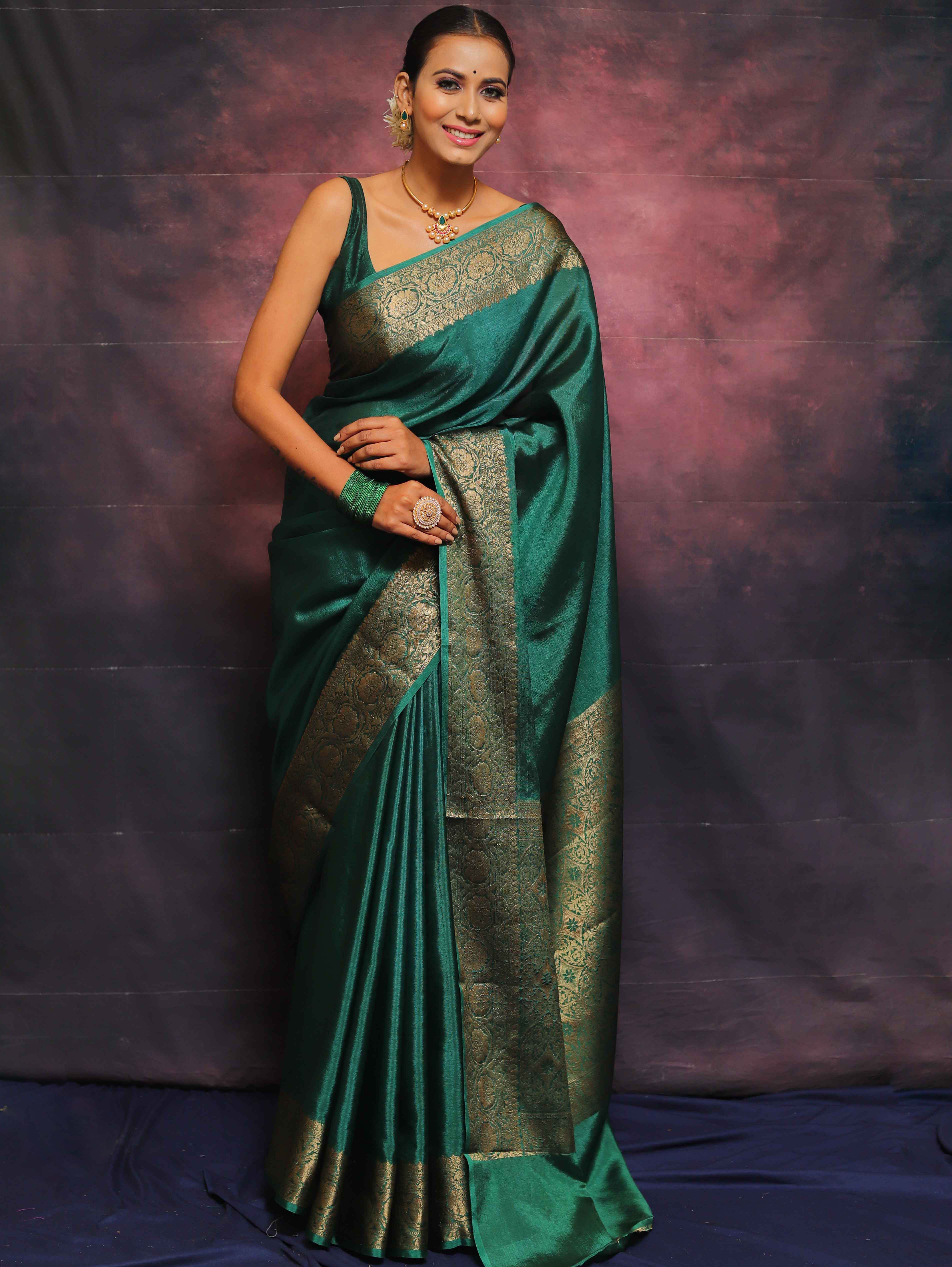 Banarasee Handwoven Semi Silk Plain Saree With Zari Border-Green