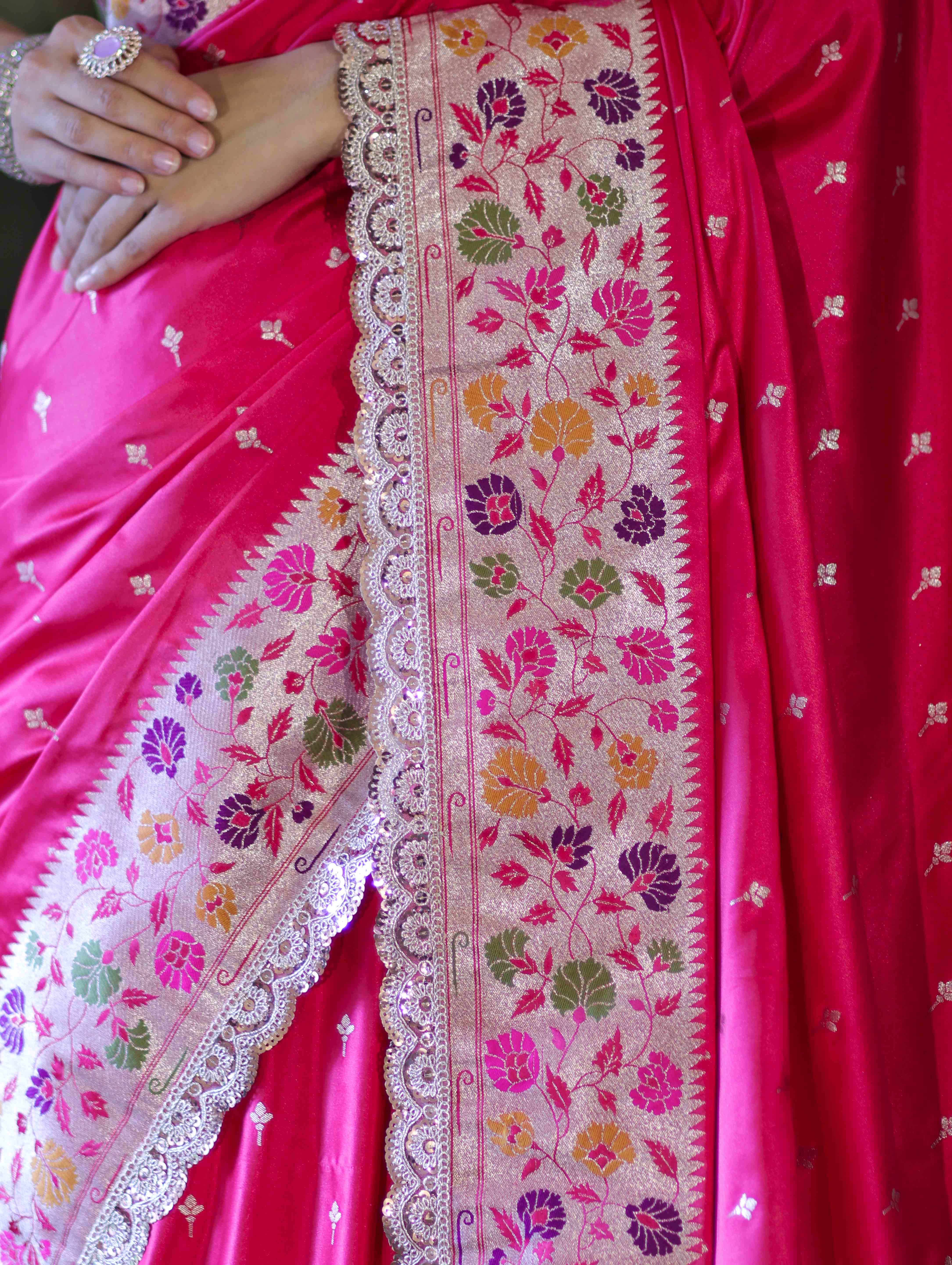 Banarasee Handloom Mashru Silk Saree With Buti Design Meenadar Border & Pallu-Fuchsia Pink
