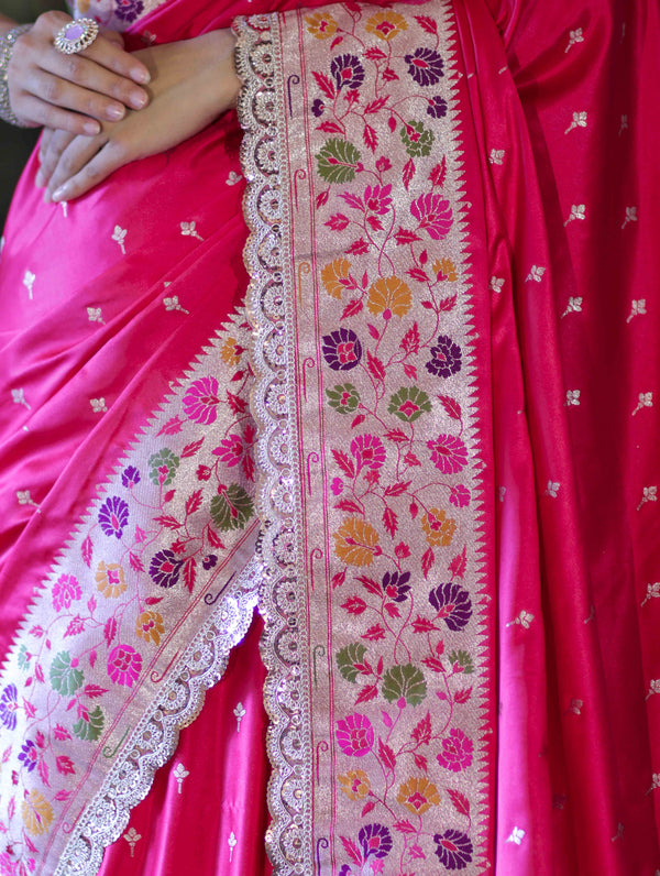 Banarasee Handloom Mashru Silk Saree With Buti Design Meenadar Border & Pallu-Fuchsia Pink