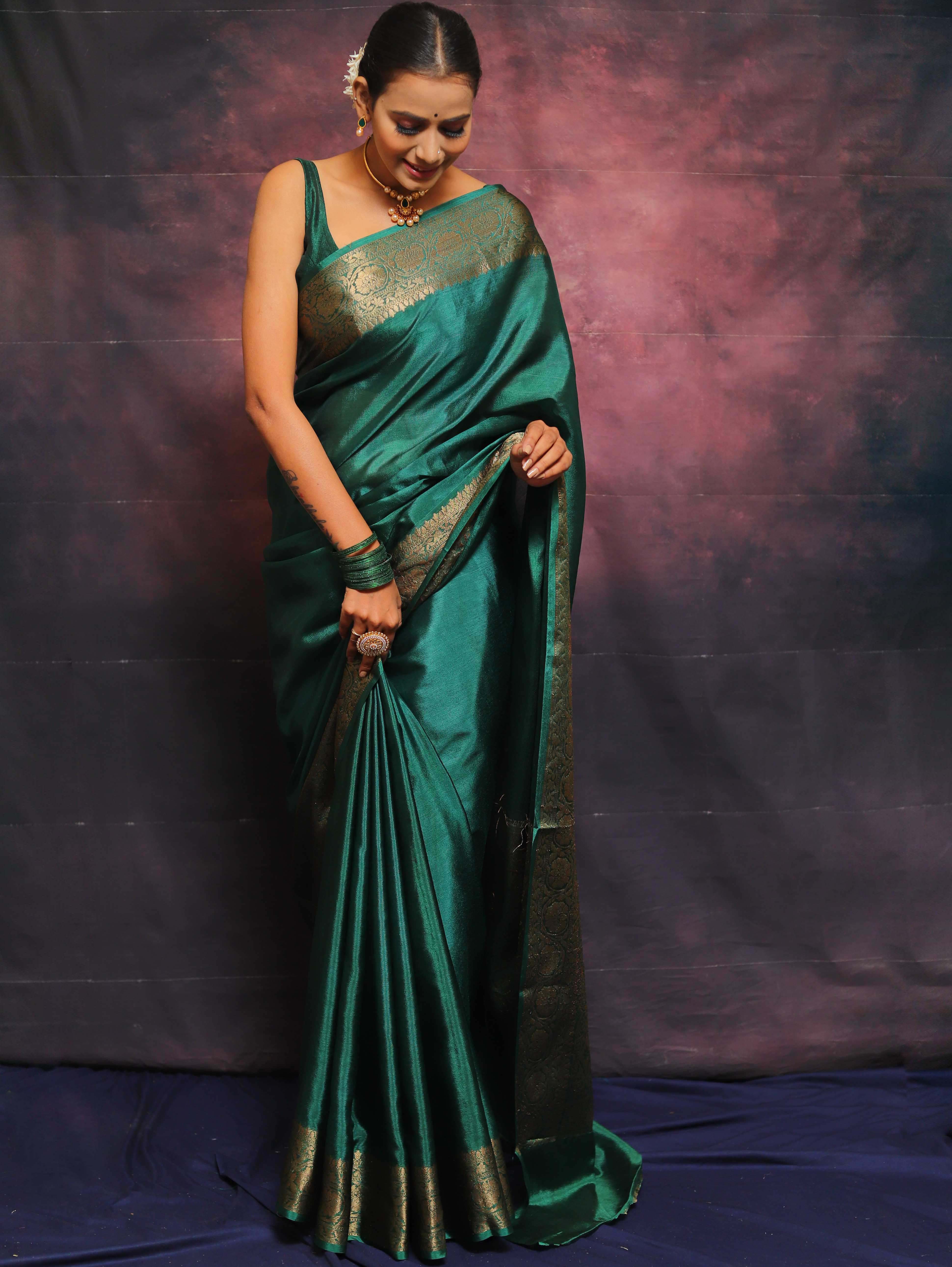 Banarasee Handwoven Semi Silk Plain Saree With Zari Border-Green