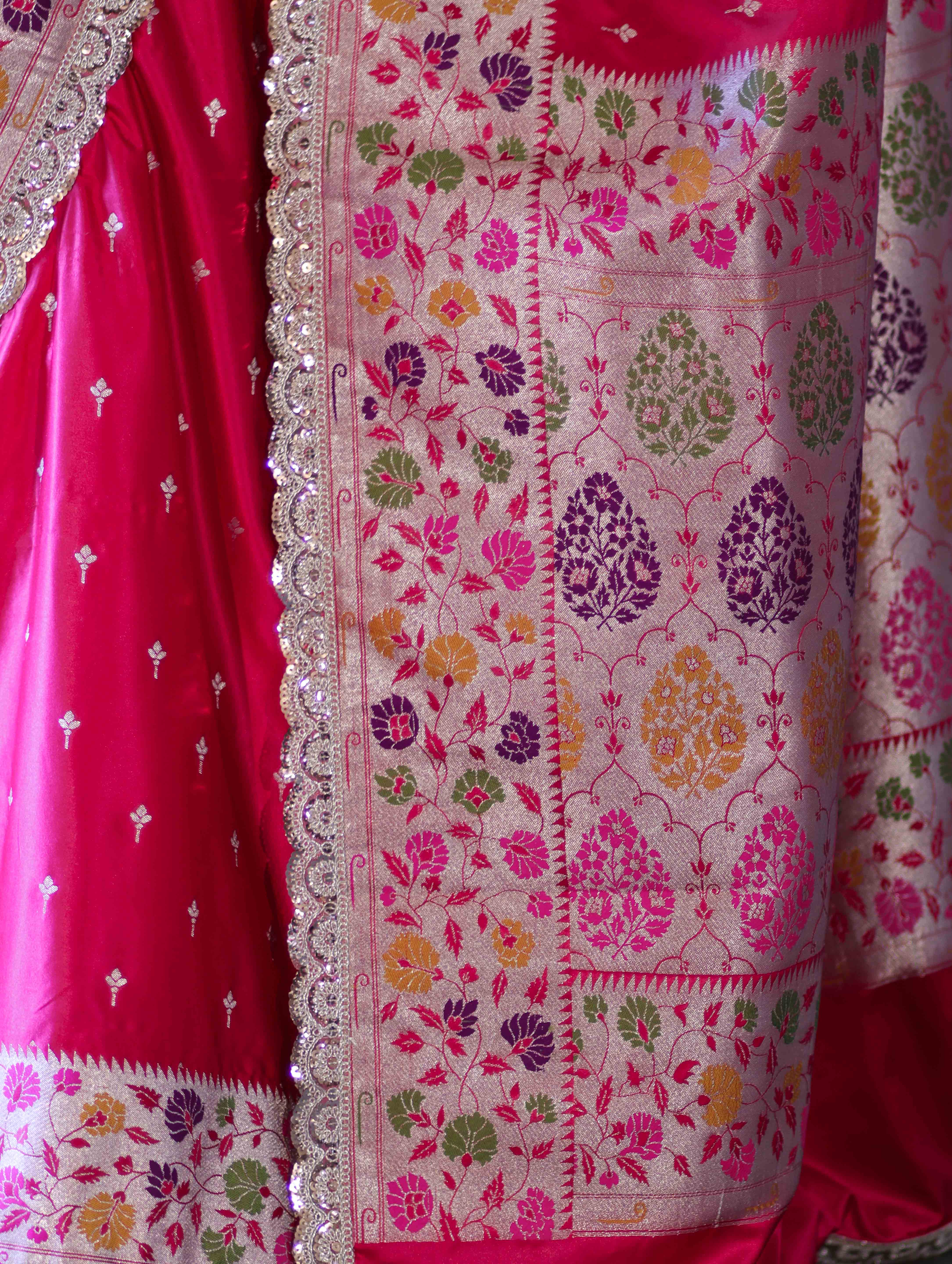 Banarasee Handloom Mashru Silk Saree With Buti Design Meenadar Border & Pallu-Fuchsia Pink