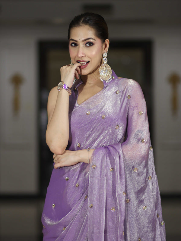 Banarasee Handwoven Dual Shaded Chiffon Saree With Aari Motifs-Lavender