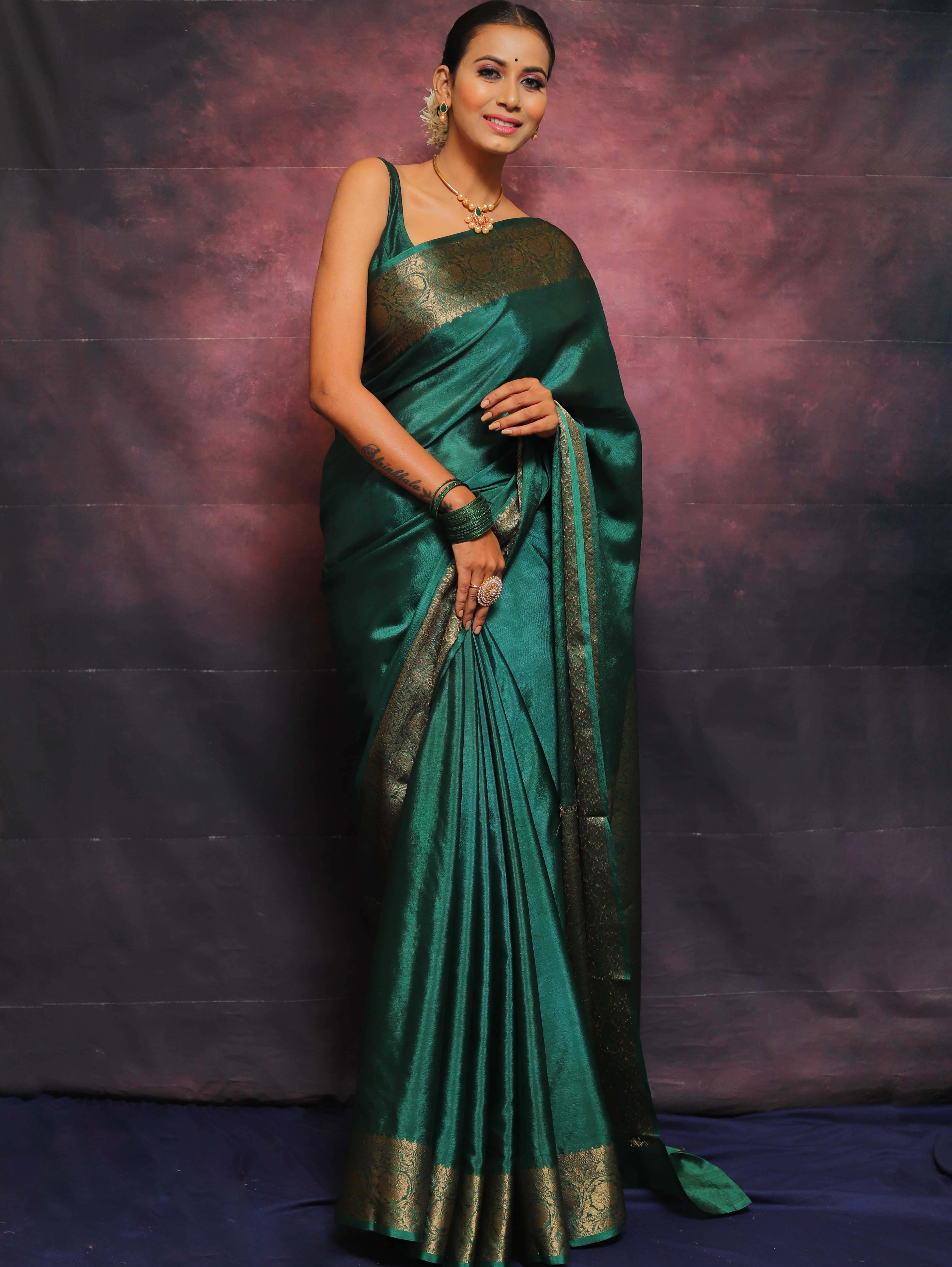 Banarasee Handwoven Semi Silk Plain Saree With Zari Border-Green