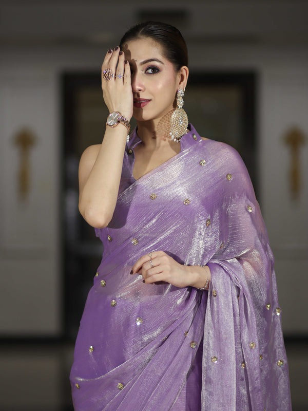 Banarasee Handwoven Dual Shaded Chiffon Saree With Aari Motifs-Lavender