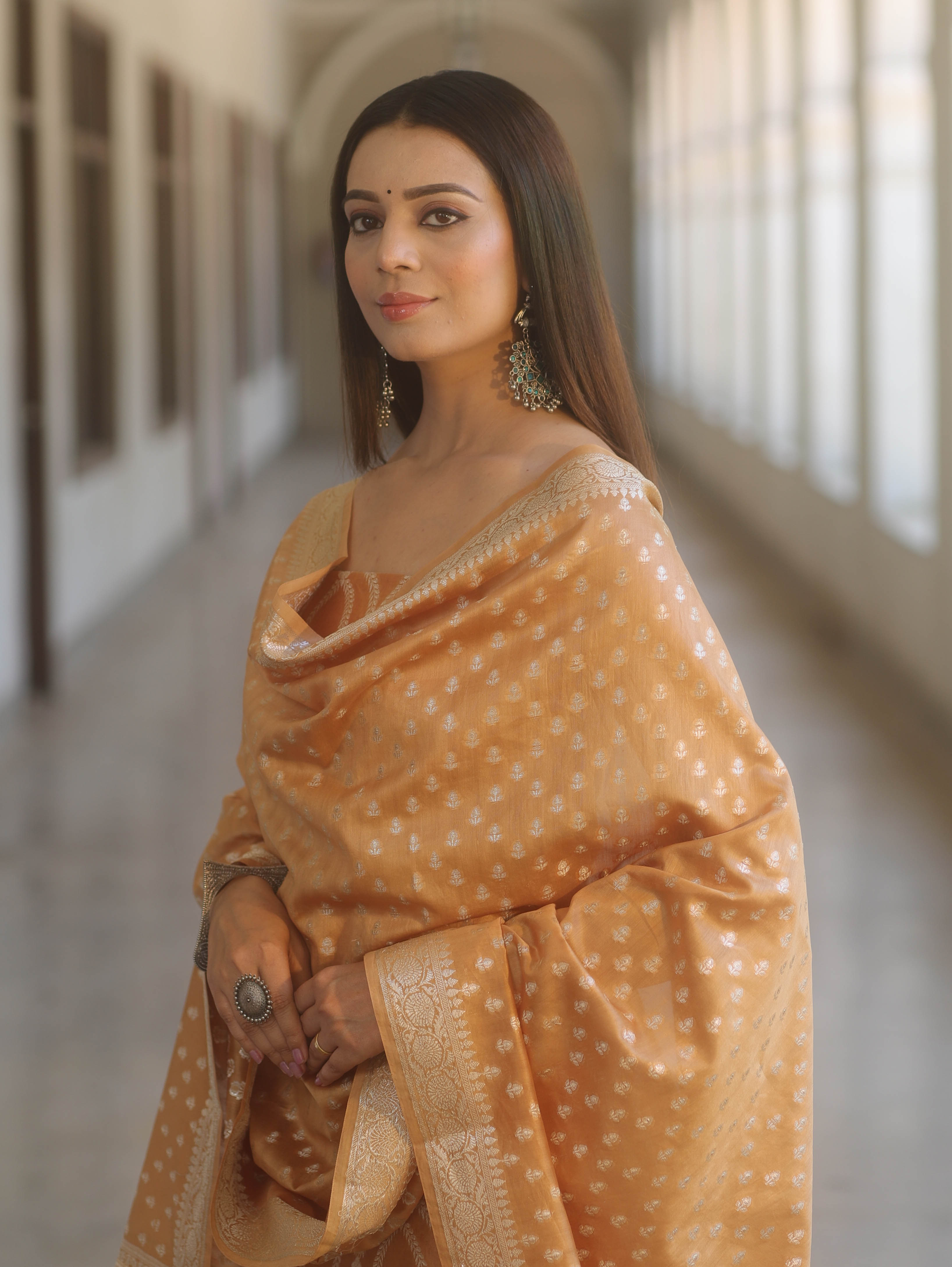 Banarasee Cotton Silk Zari Work Salwar Kameez Fabric With Dupatta-Light Brown