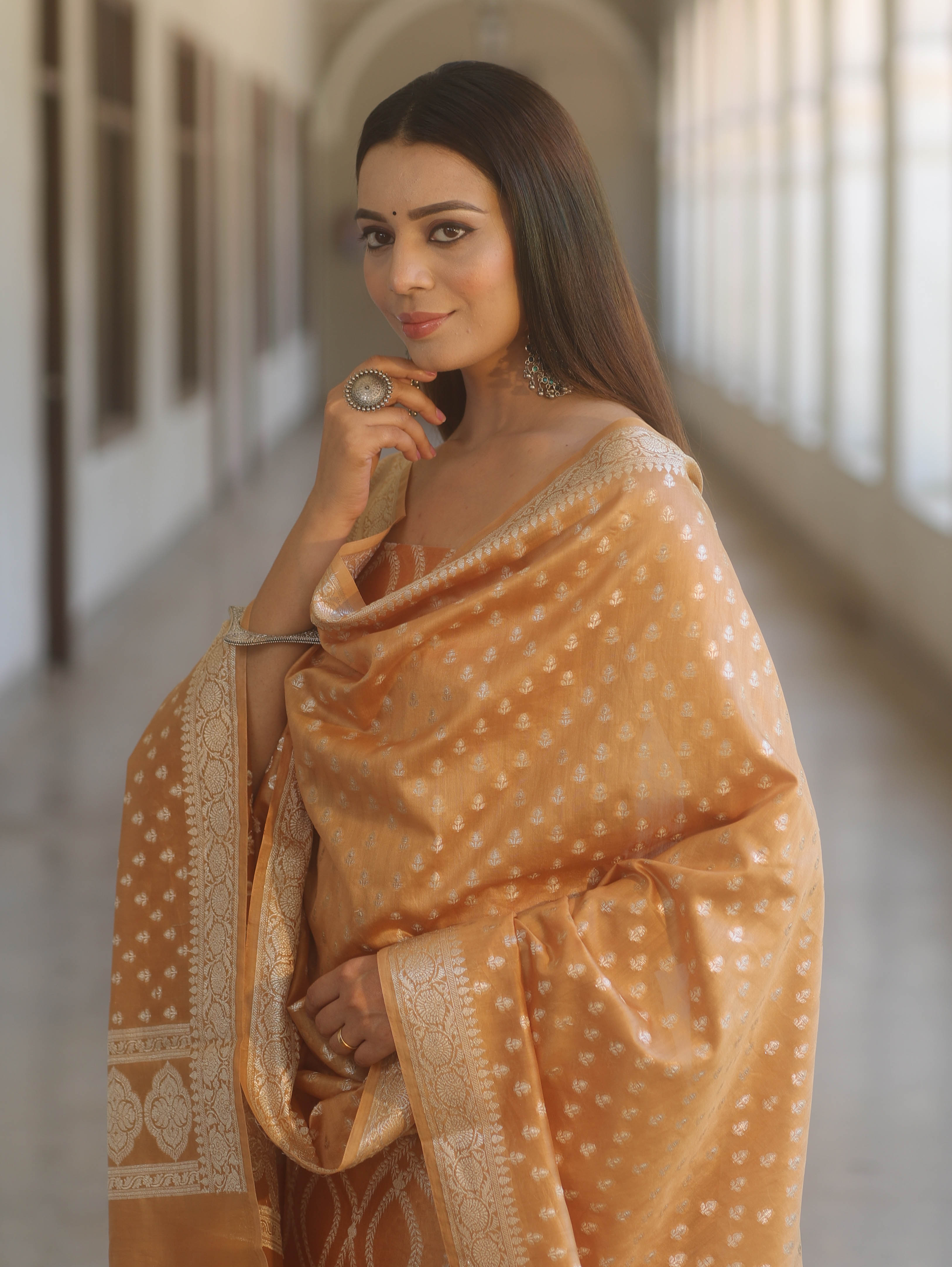 Banarasee Cotton Silk Zari Work Salwar Kameez Fabric With Dupatta-Light Brown