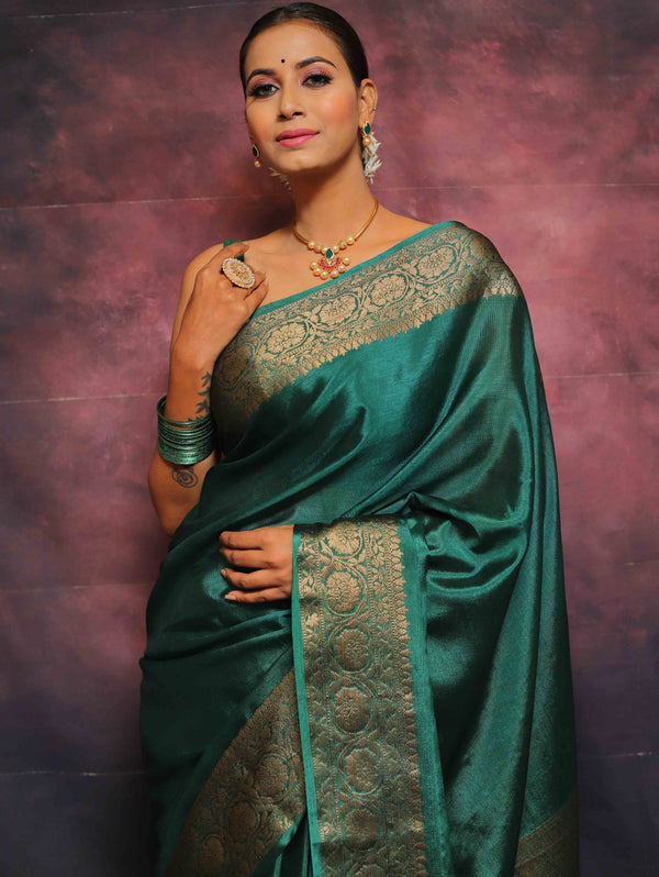 Banarasee Handwoven Semi Silk Plain Saree With Zari Border-Green