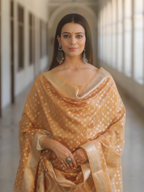 Banarasee Cotton Silk Zari Work Salwar Kameez Fabric With Dupatta-Light Brown