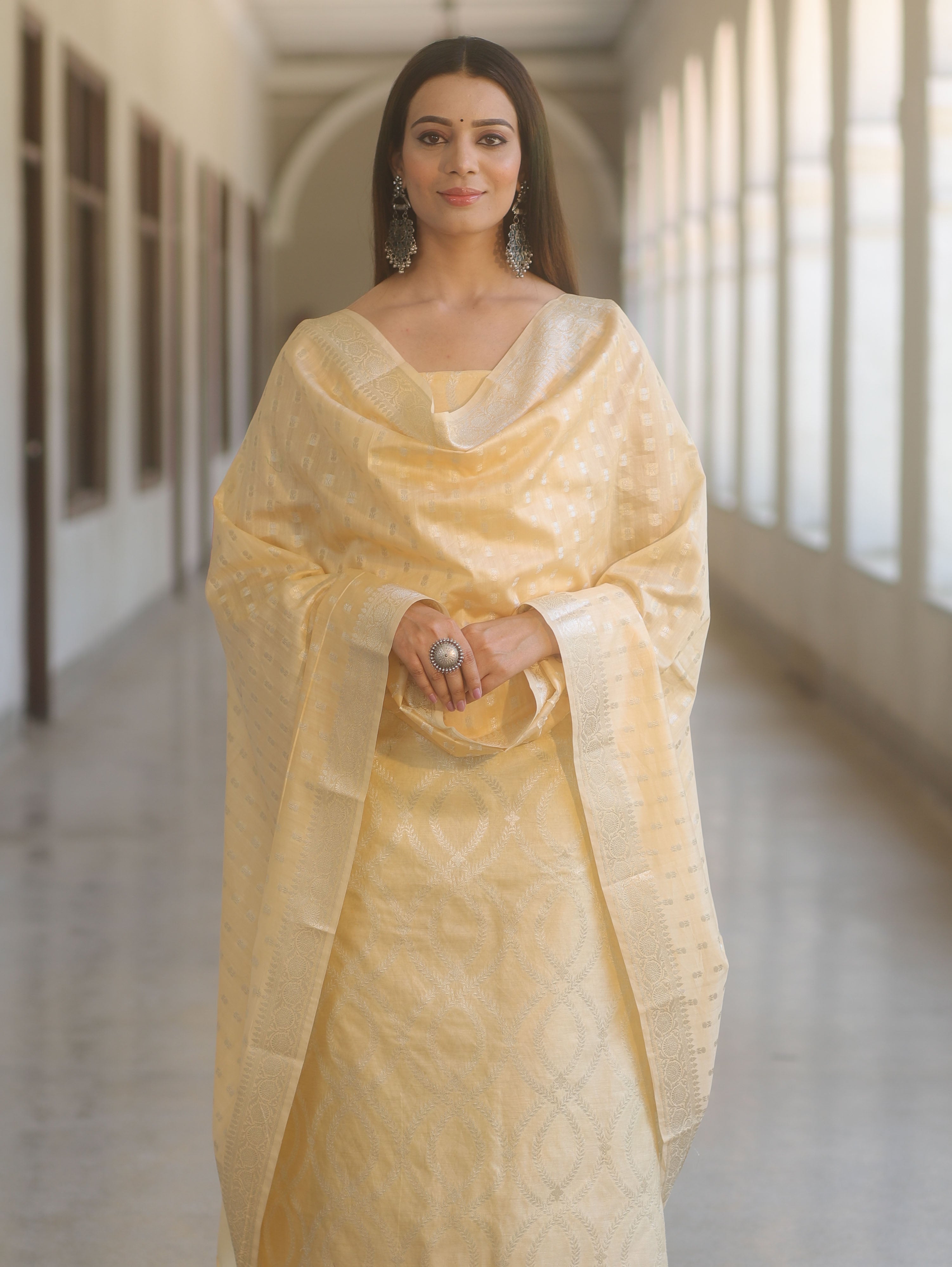 Banarasee Cotton Silk Zari Work Salwar Kameez Fabric With Dupatta-Light Yellow