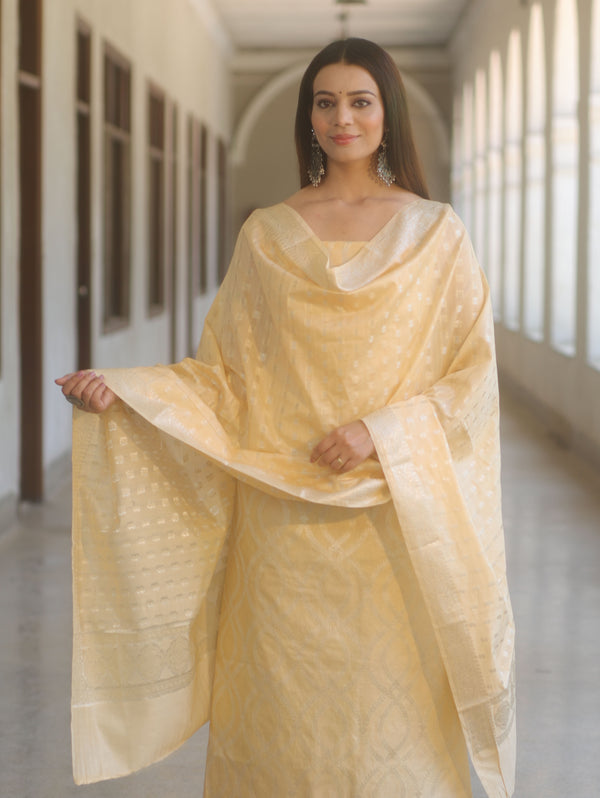 Banarasee Cotton Silk Zari Work Salwar Kameez Fabric With Dupatta-Light Yellow