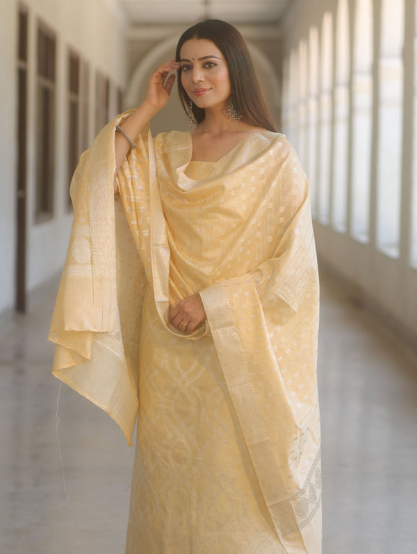 Banarasee Cotton Silk Zari Work Salwar Kameez Fabric With Dupatta-Light Yellow