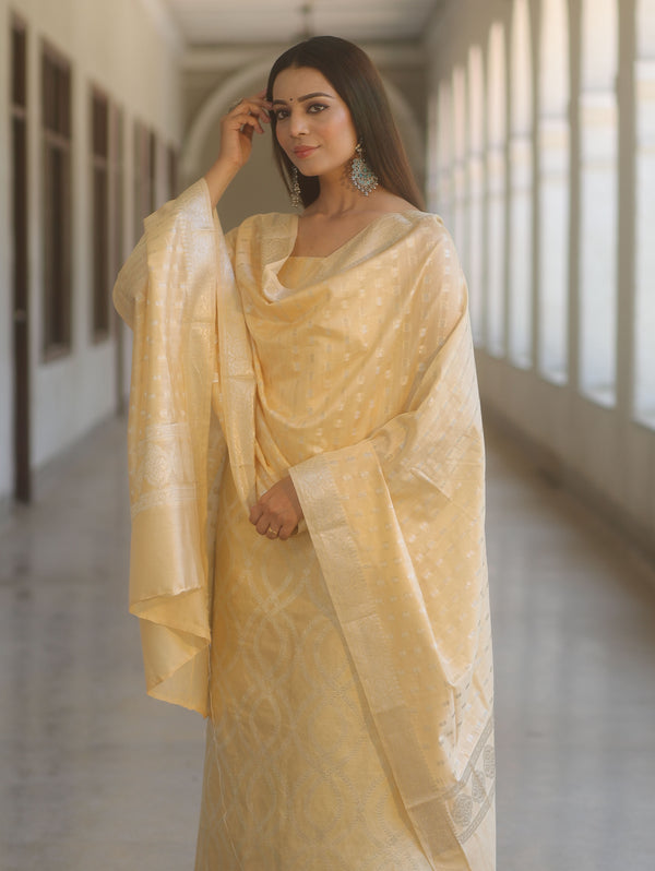 Banarasee Cotton Silk Zari Work Salwar Kameez Fabric With Dupatta-Light Yellow