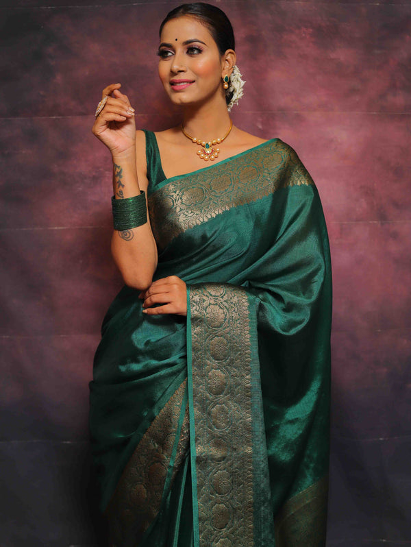 Banarasee Handwoven Semi Silk Plain Saree With Zari Border-Green