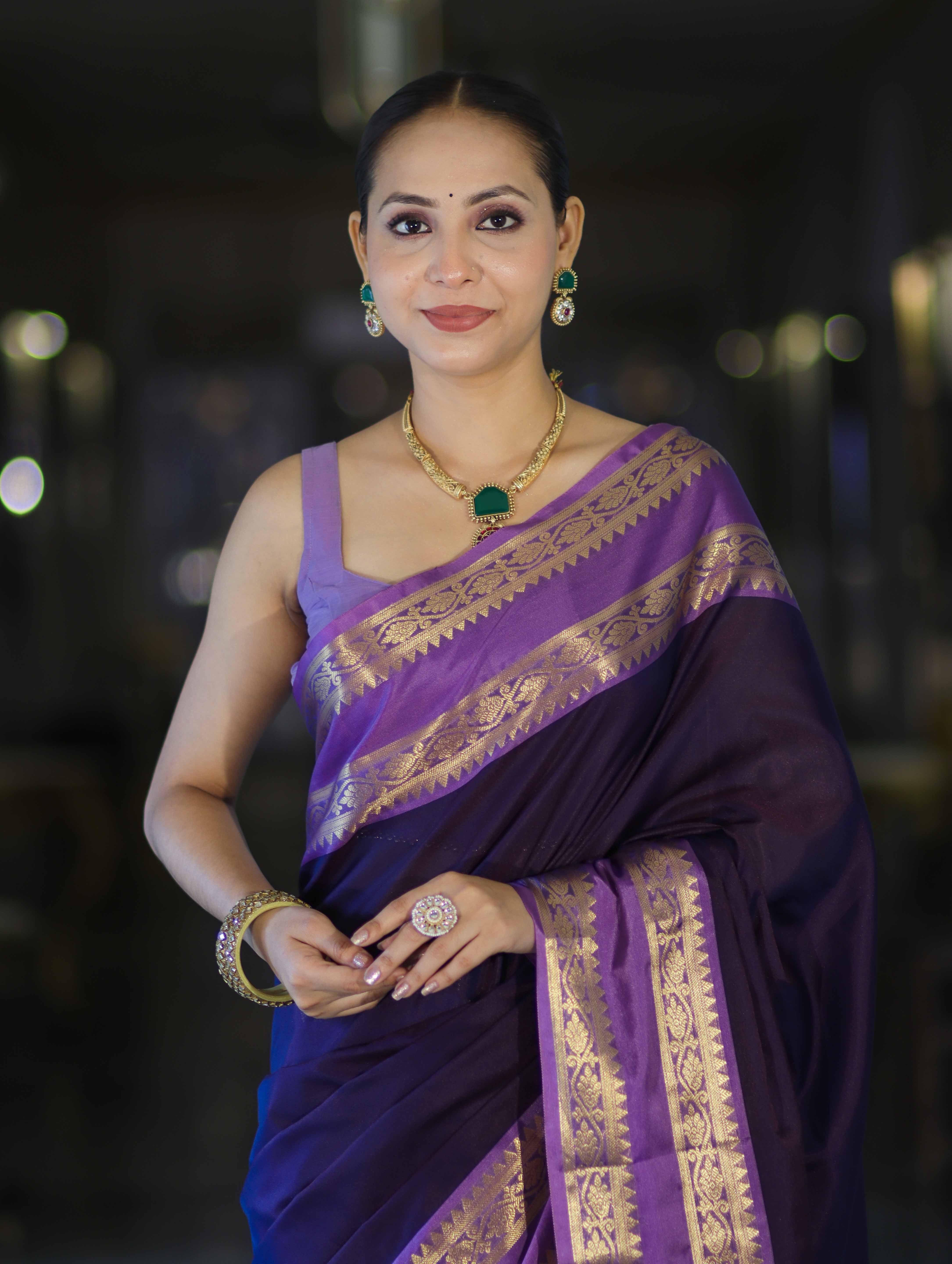 Banarasee Handloom Plain Semi Silk Saree With Contrast Temple Border-Violet
