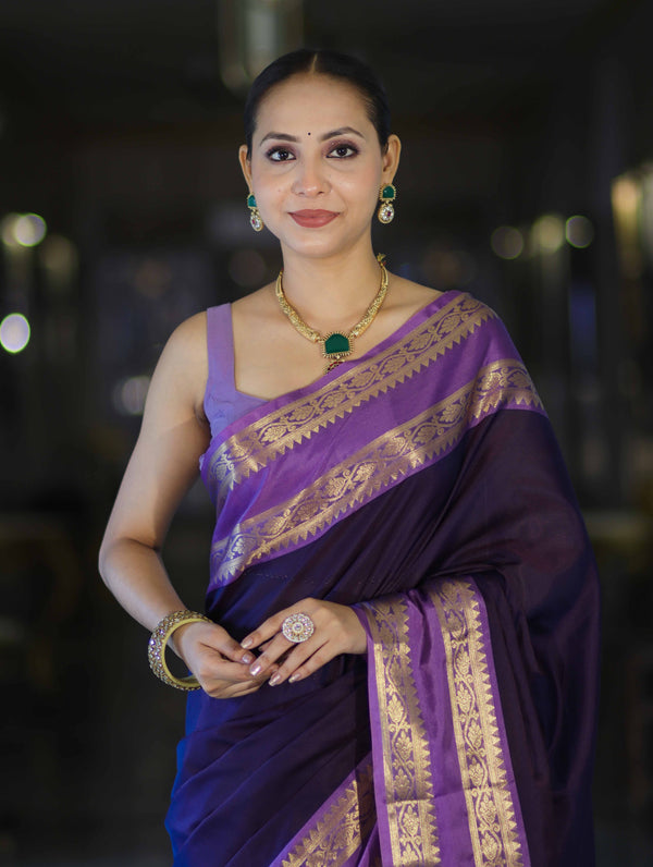 Banarasee Handloom Plain Semi Silk Saree With Contrast Temple Border-Violet