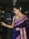 Banarasee Handloom Plain Semi Silk Saree With Contrast Temple Border-Violet