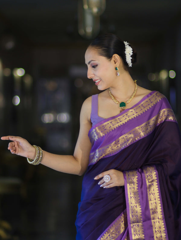 Banarasee Handloom Plain Semi Silk Saree With Contrast Temple Border-Violet