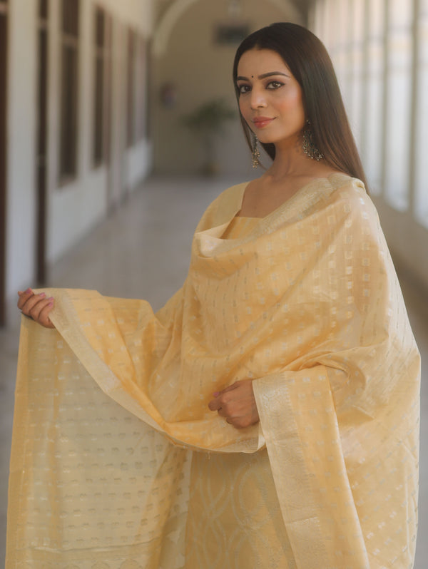 Banarasee Cotton Silk Zari Work Salwar Kameez Fabric With Dupatta-Light Yellow