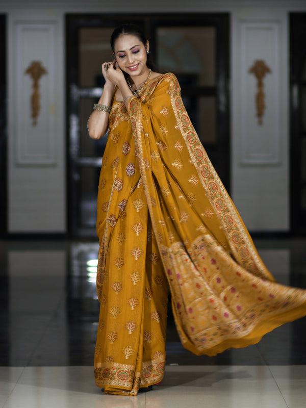 Banarasee Handloom Pure Chiffon Saree With Resham Work-Mustard Yellow