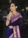Banarasee Handloom Plain Semi Silk Saree With Contrast Temple Border-Violet