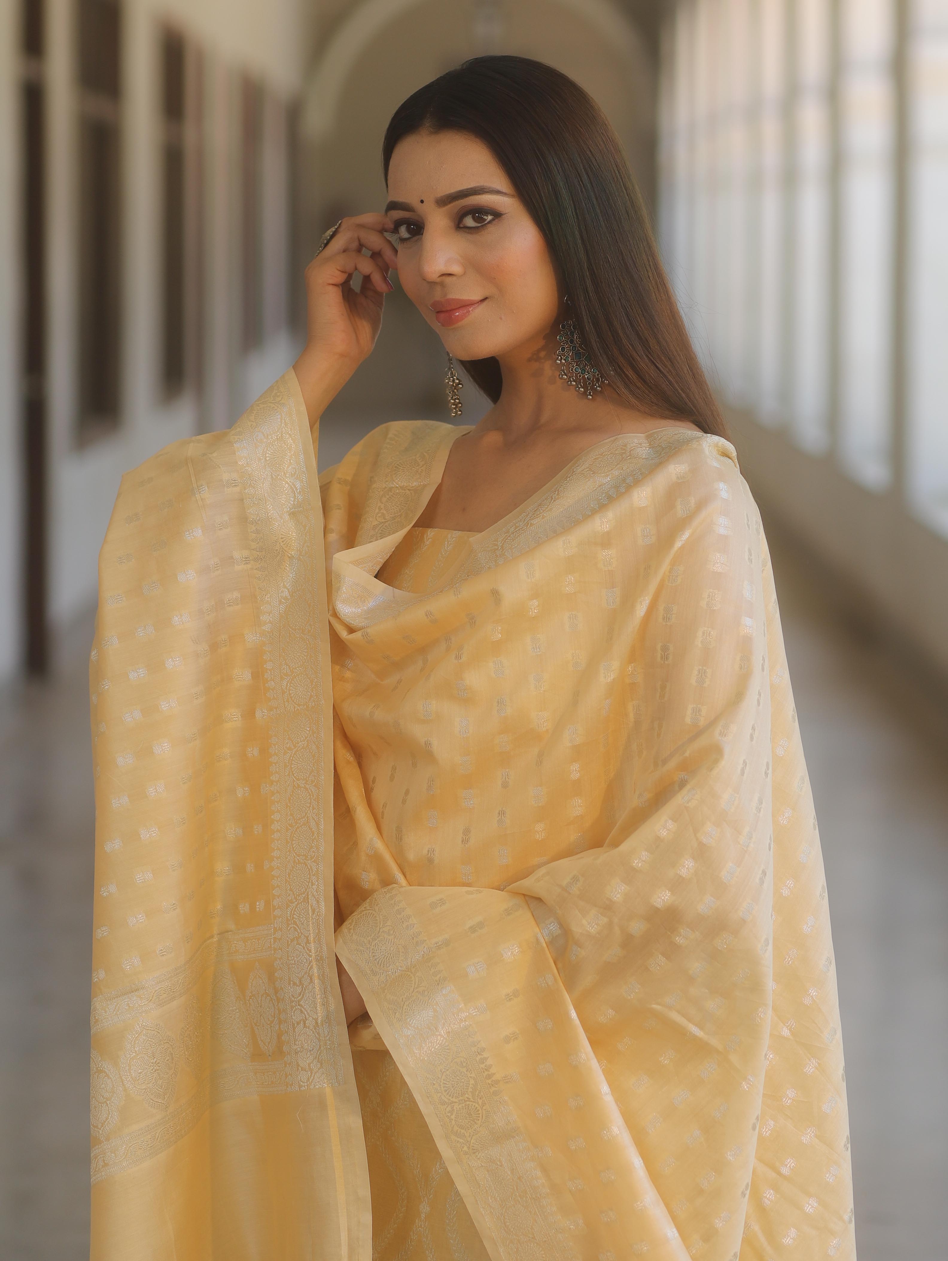 Banarasee Cotton Silk Zari Work Salwar Kameez Fabric With Dupatta-Light Yellow