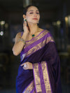 Banarasee Handloom Plain Semi Silk Saree With Contrast Temple Border-Violet