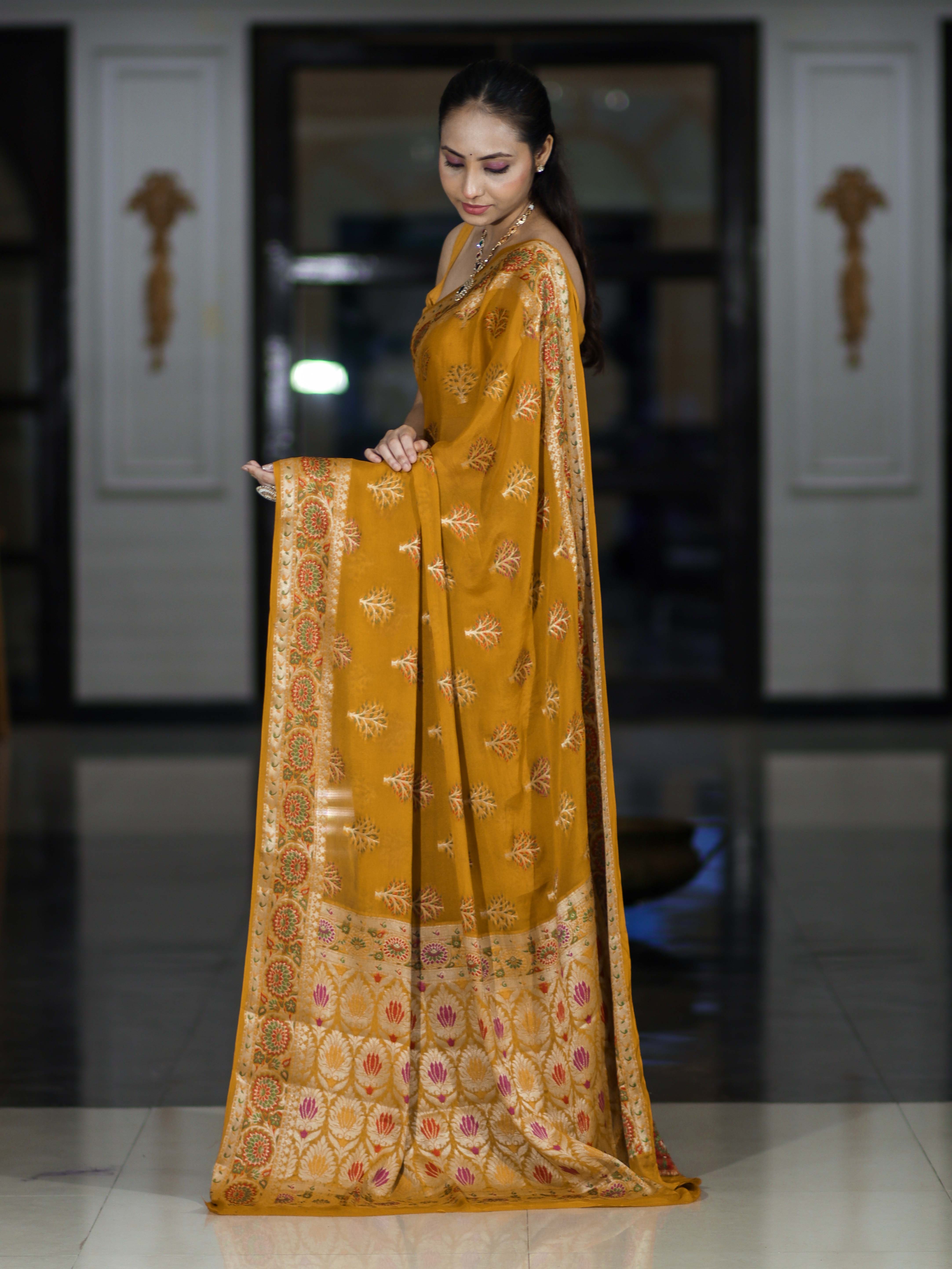 Banarasee Handloom Pure Chiffon Saree With Resham Work-Mustard Yellow