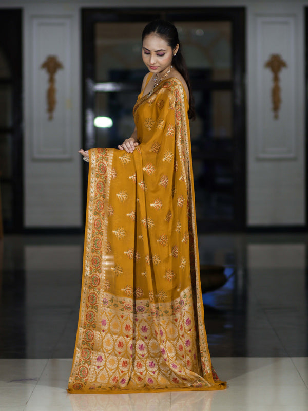 Banarasee Handloom Pure Chiffon Saree With Resham Work-Mustard Yellow