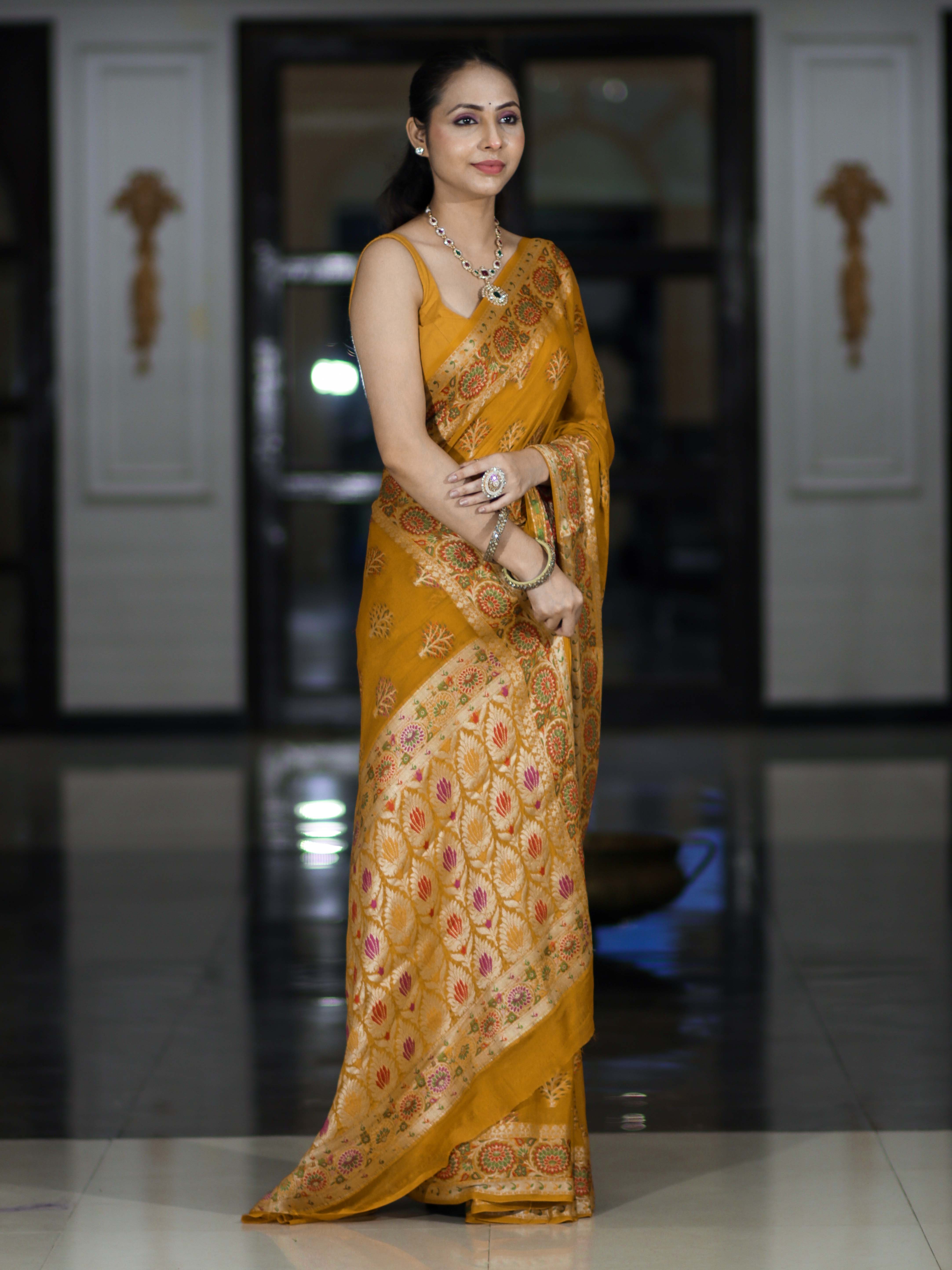 Banarasee Handloom Pure Chiffon Saree With Resham Work-Mustard Yellow