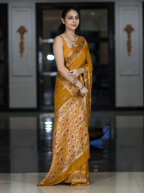 Banarasee Handloom Pure Chiffon Saree With Resham Work-Mustard Yellow