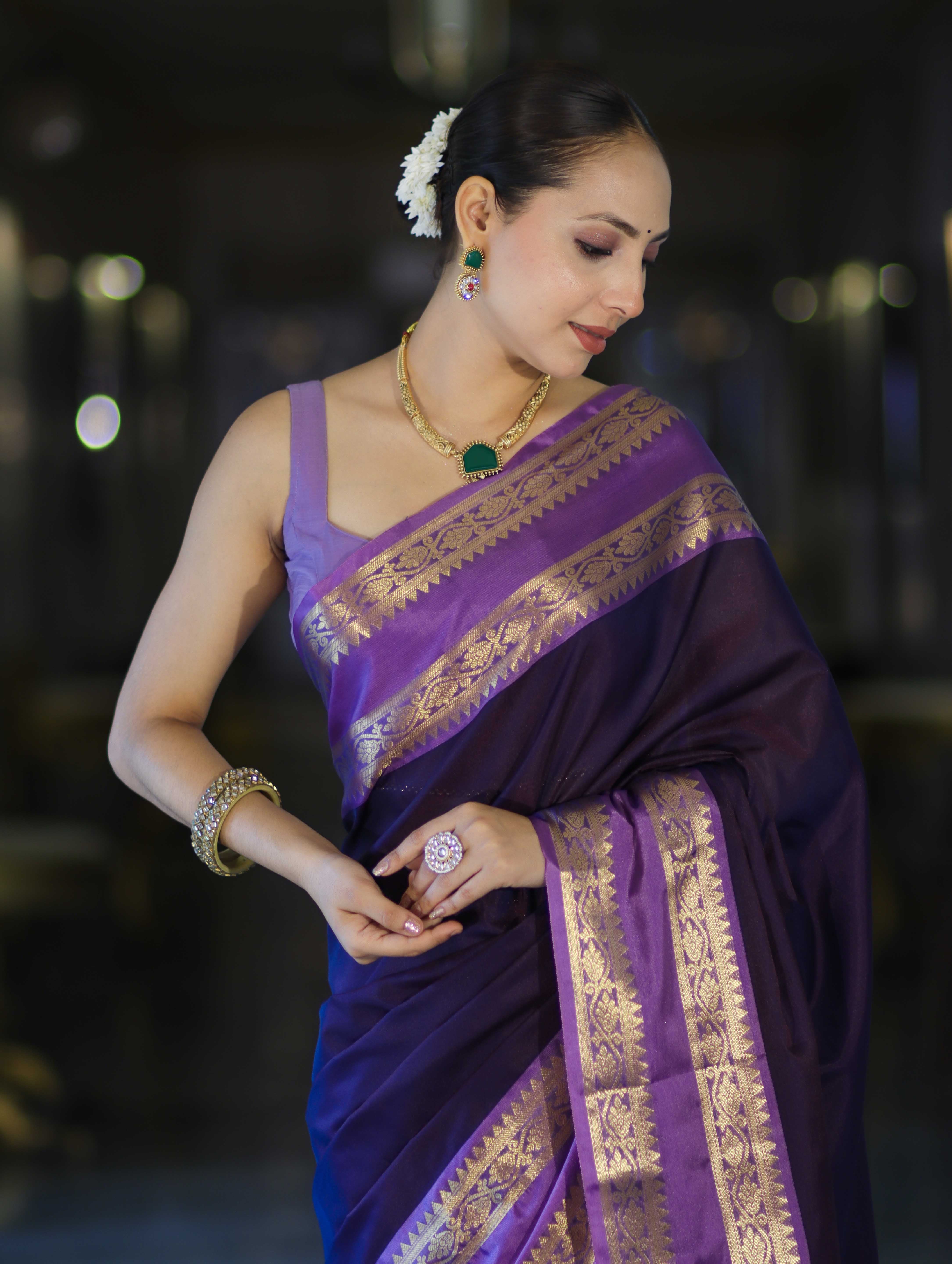 Banarasee Handloom Plain Semi Silk Saree With Contrast Temple Border-Violet